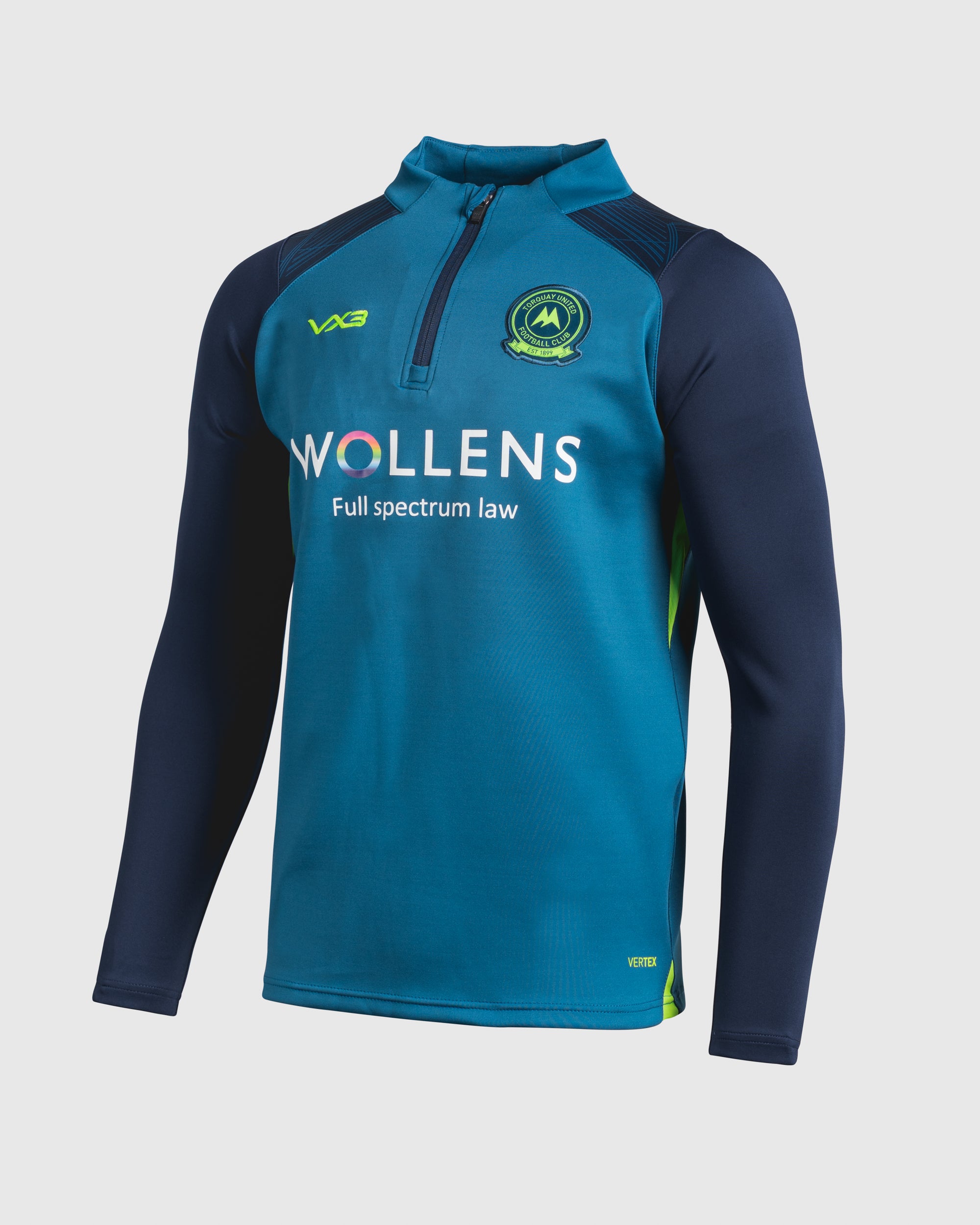 Torquay United FC 25/26 Vertex Half Zip Top Youth Lyons Blue/Navy/Fluro Yellow