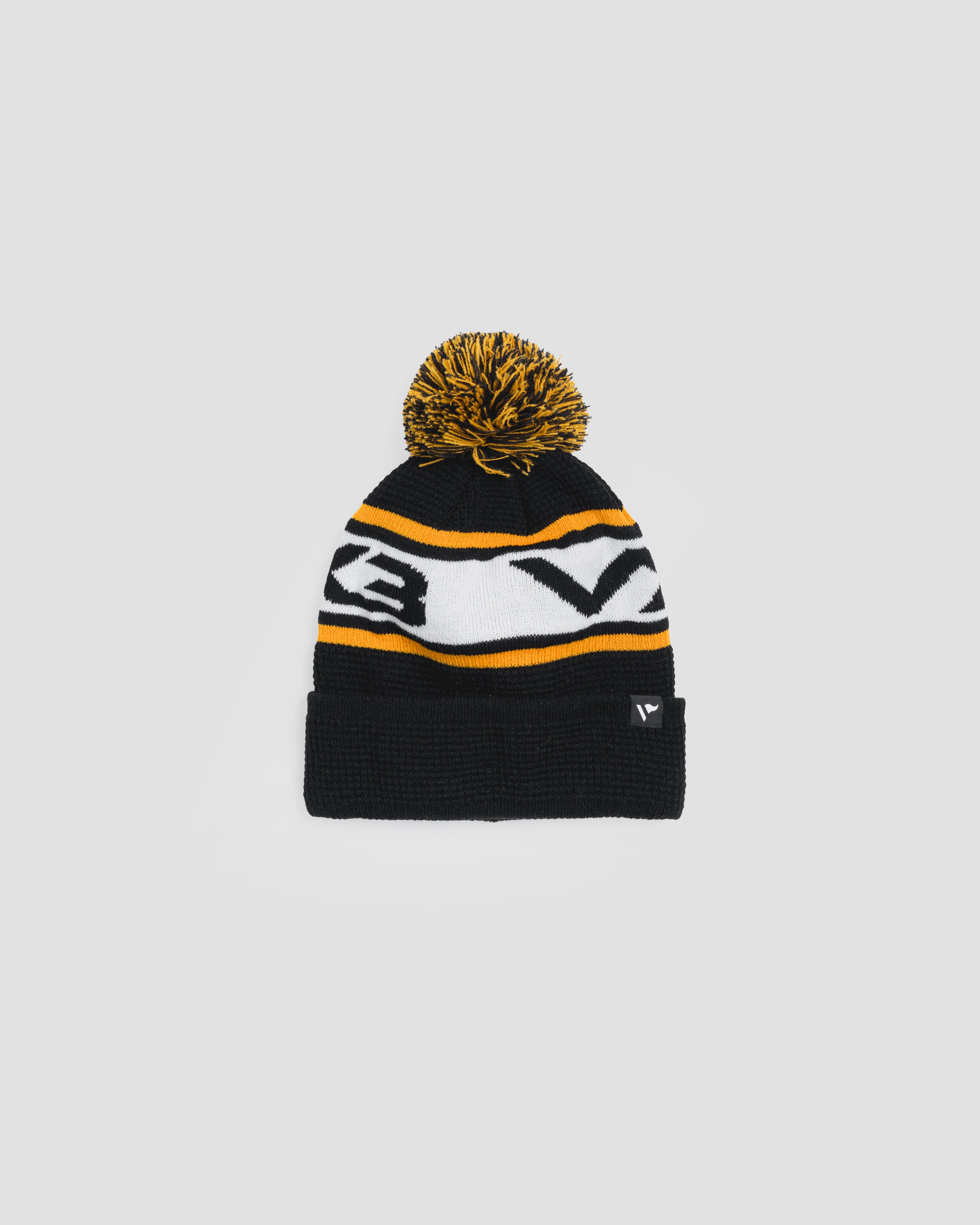 Waffle Knit Bobble Hat - Black/Amber/White