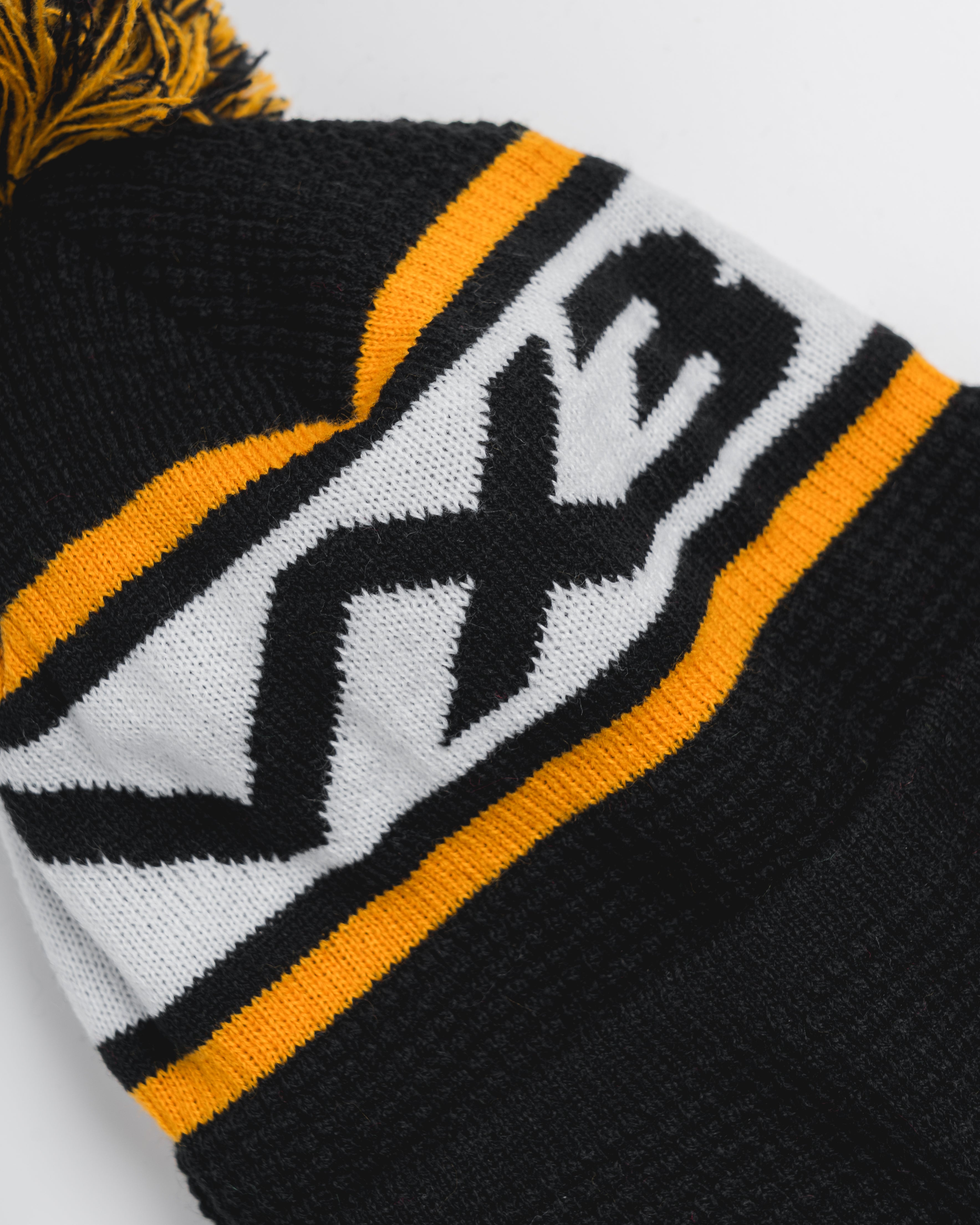 Waffle Knit Bobble Hat - Black/Amber/White