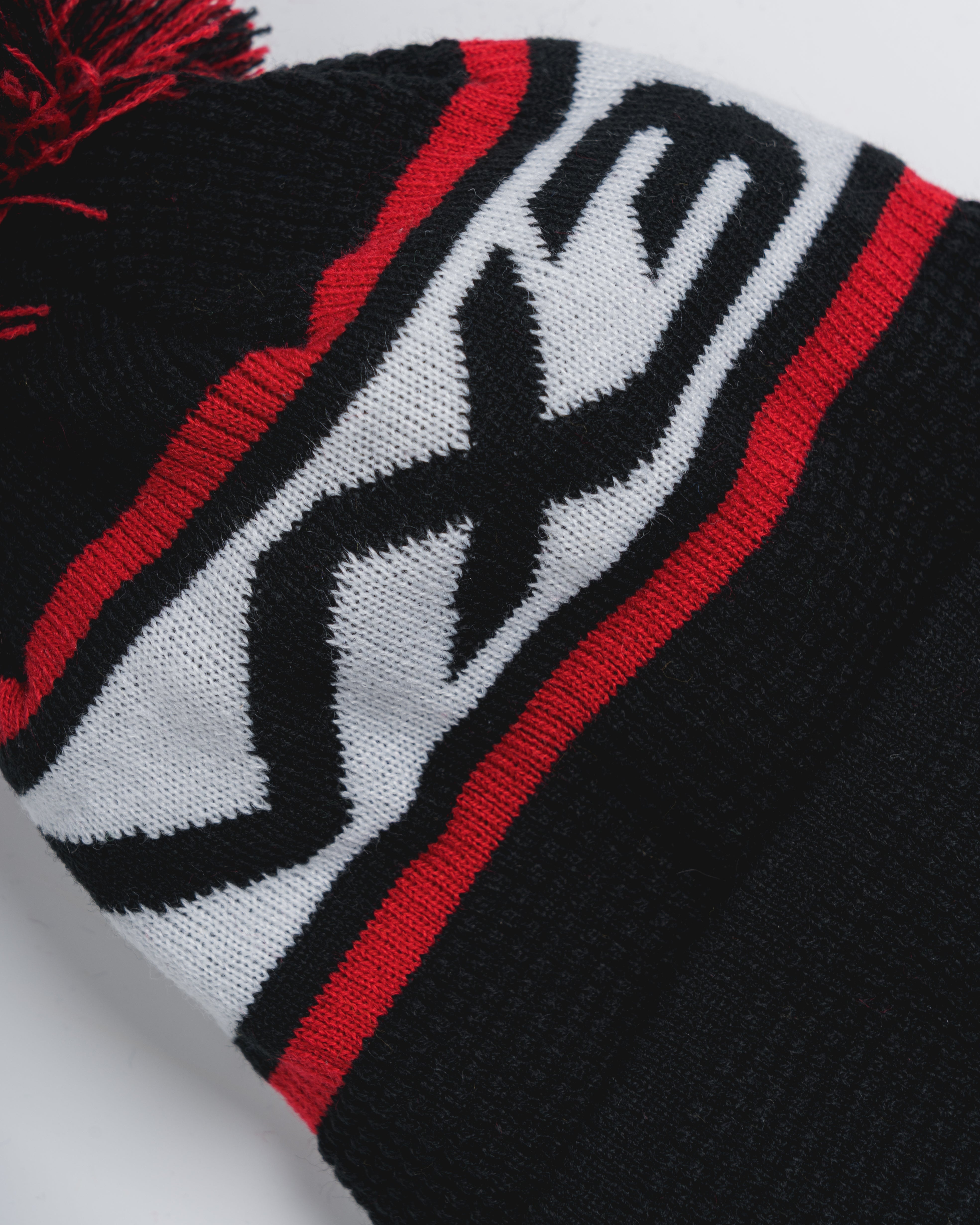 Waffle Knit Bobble Hat - Black/Red/White