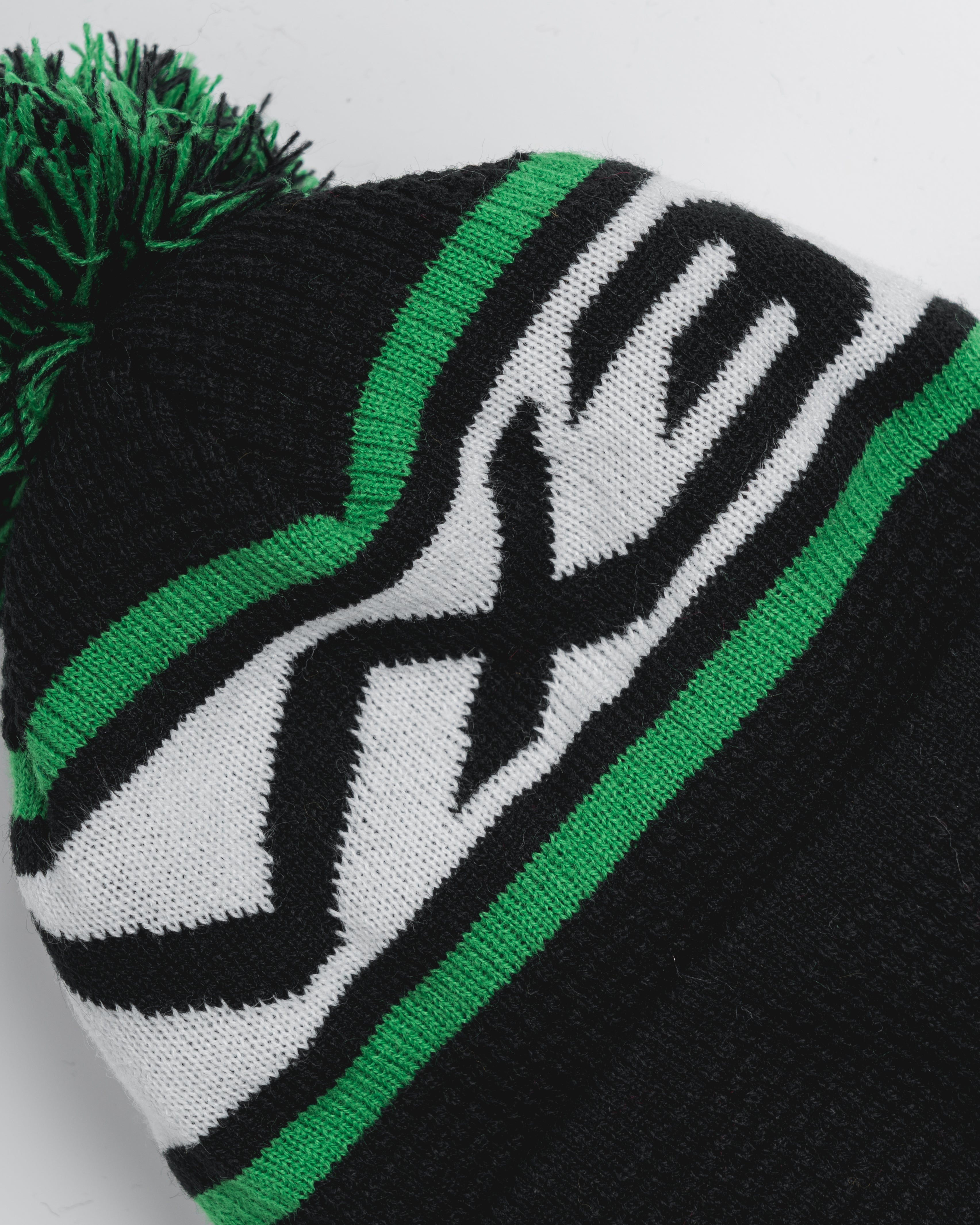 Waffle Knit Bobble Hat - Black/Emerald/White