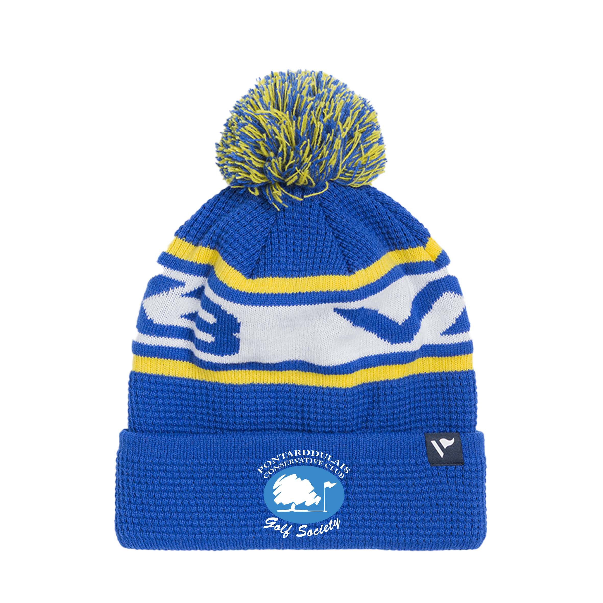 Pontarddulais Con Golf Society Waffle Knit Bobble Hat - Royal/Yellow/White
