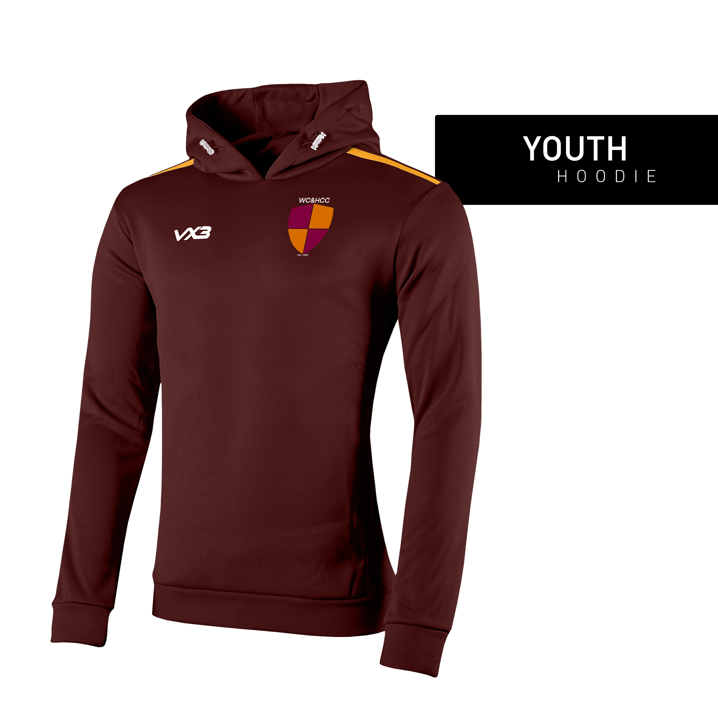 West Coker and Hardington Cricket Club Fortis Youth Hoodie Maroon/Amber - Club Community