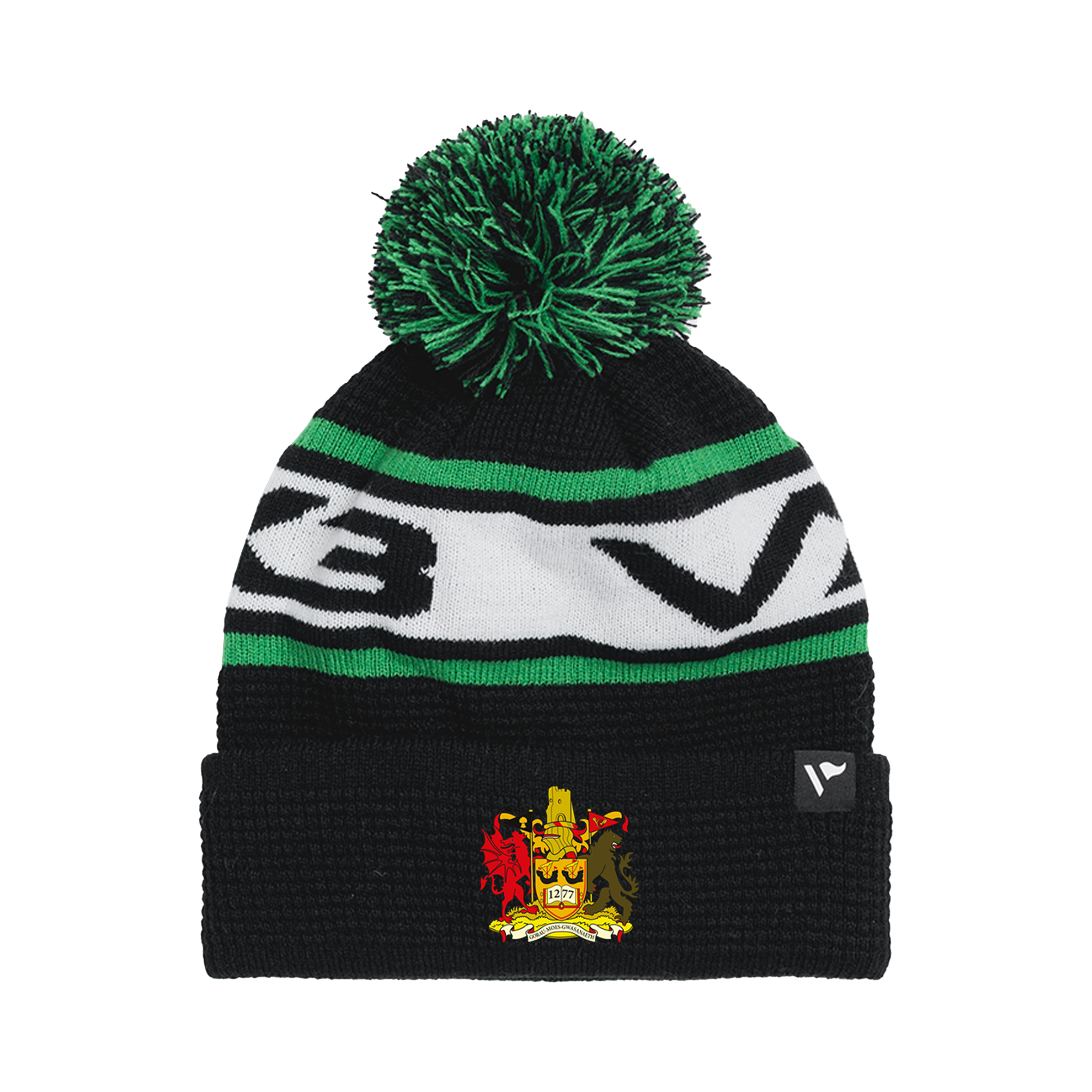 Aberystwyth Cricket Club Waffle Knit Bobble Hat - Black/Emerald/White