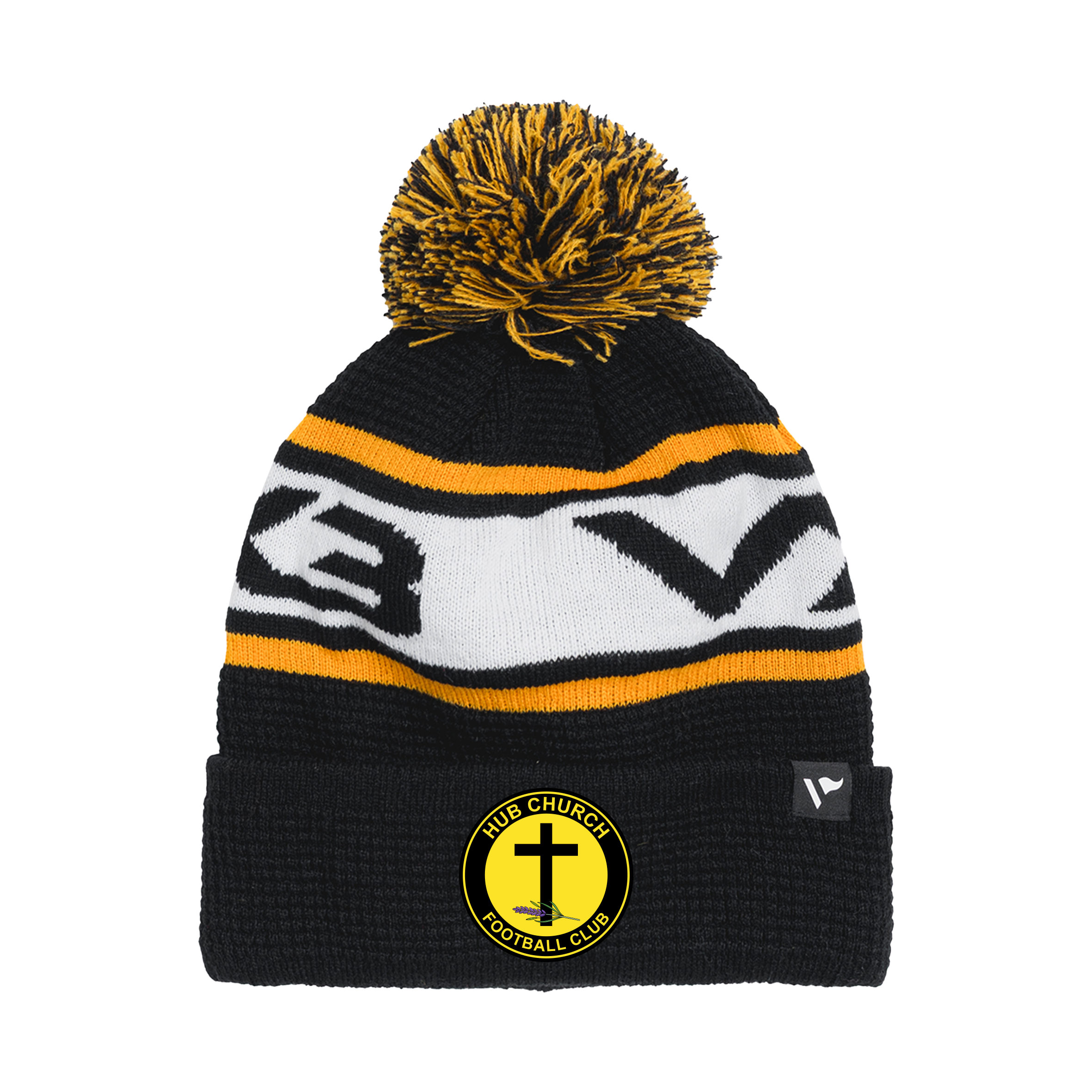Hub Church FC Waffle Knit Bobble Hat - Black/Amber/White