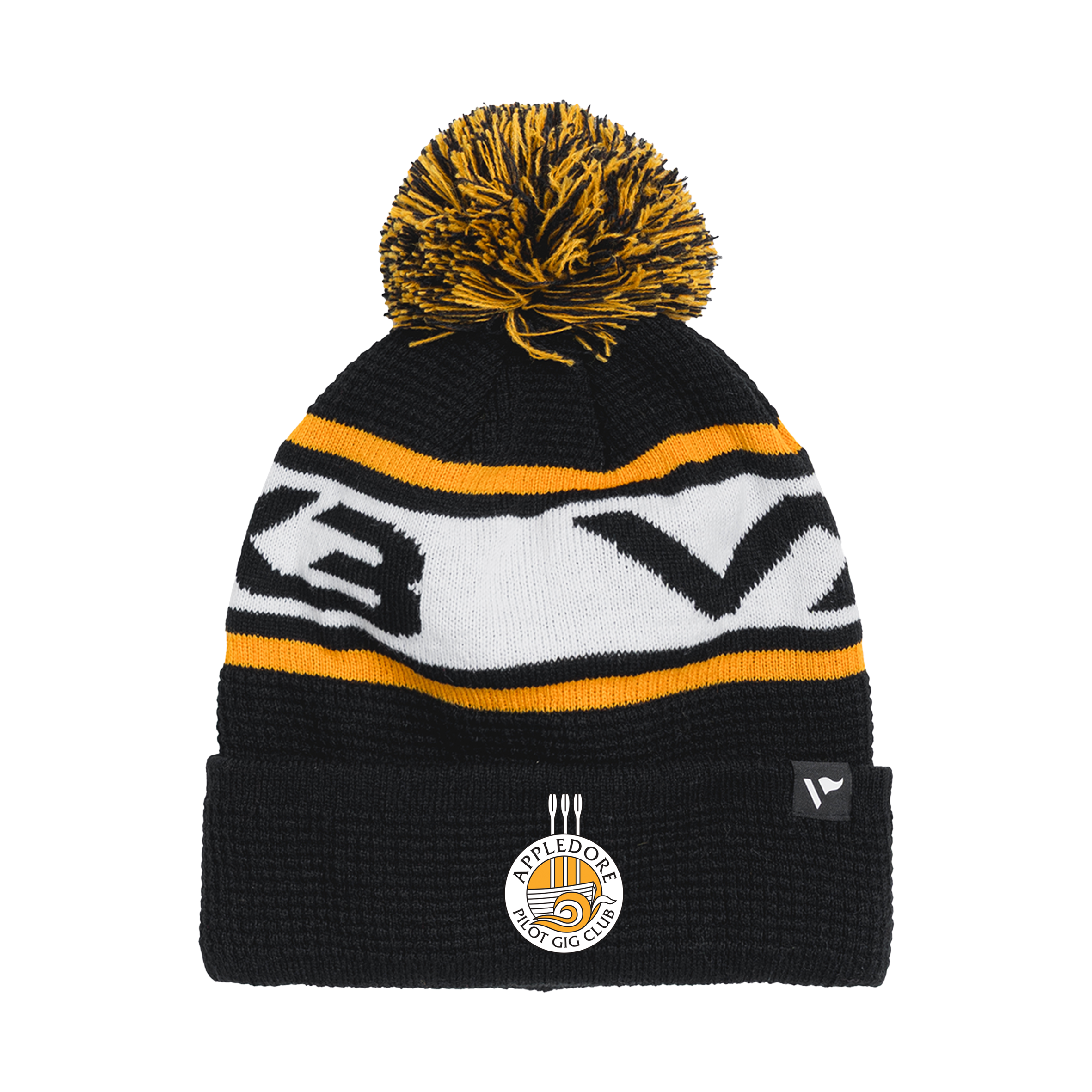 Appledore Pilot Gig Club Waffle Knit Bobble Hat - Black/Amber/White
