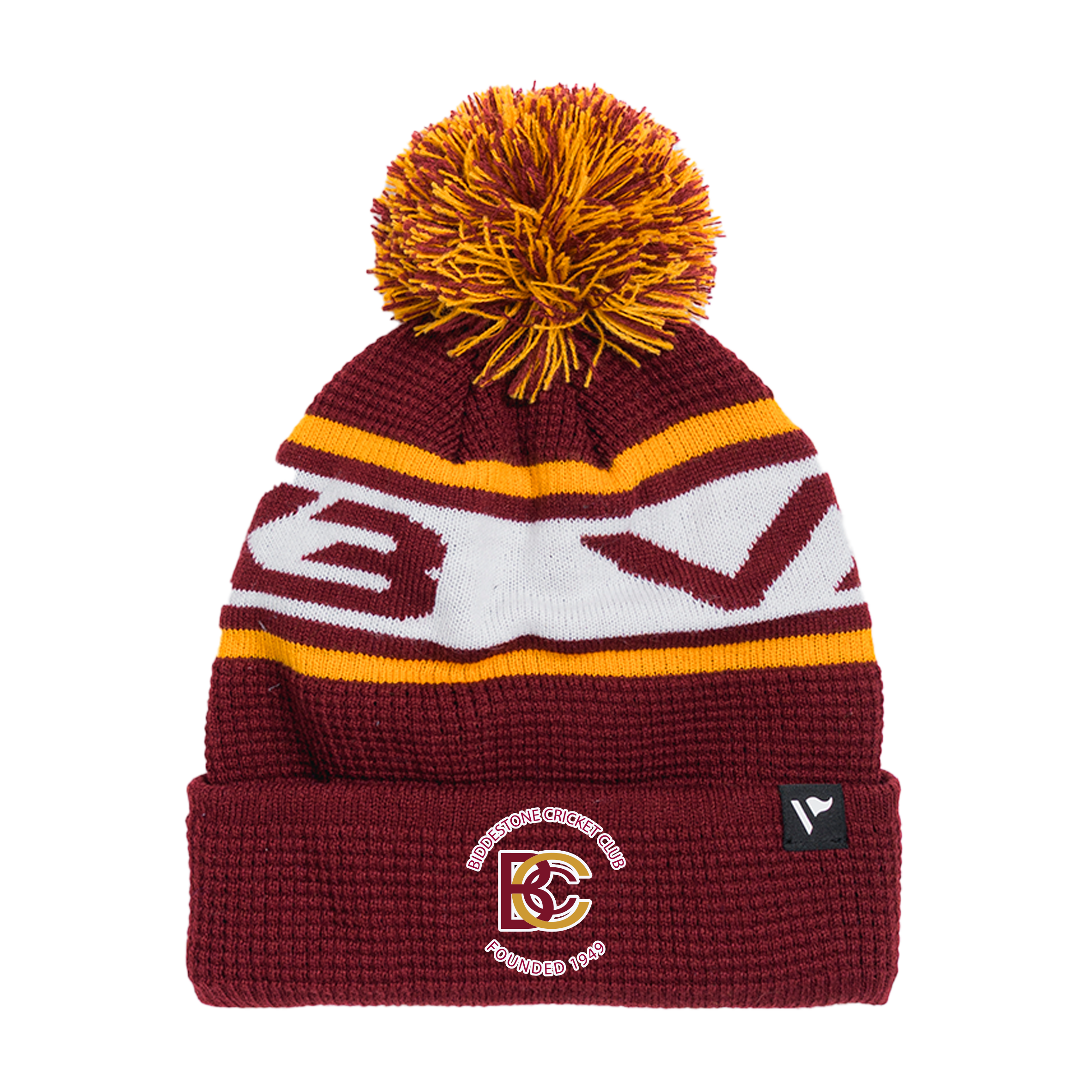 Biddestone Cricket Club Waffle Knit Bobble Hat - Maroon/Amber/White