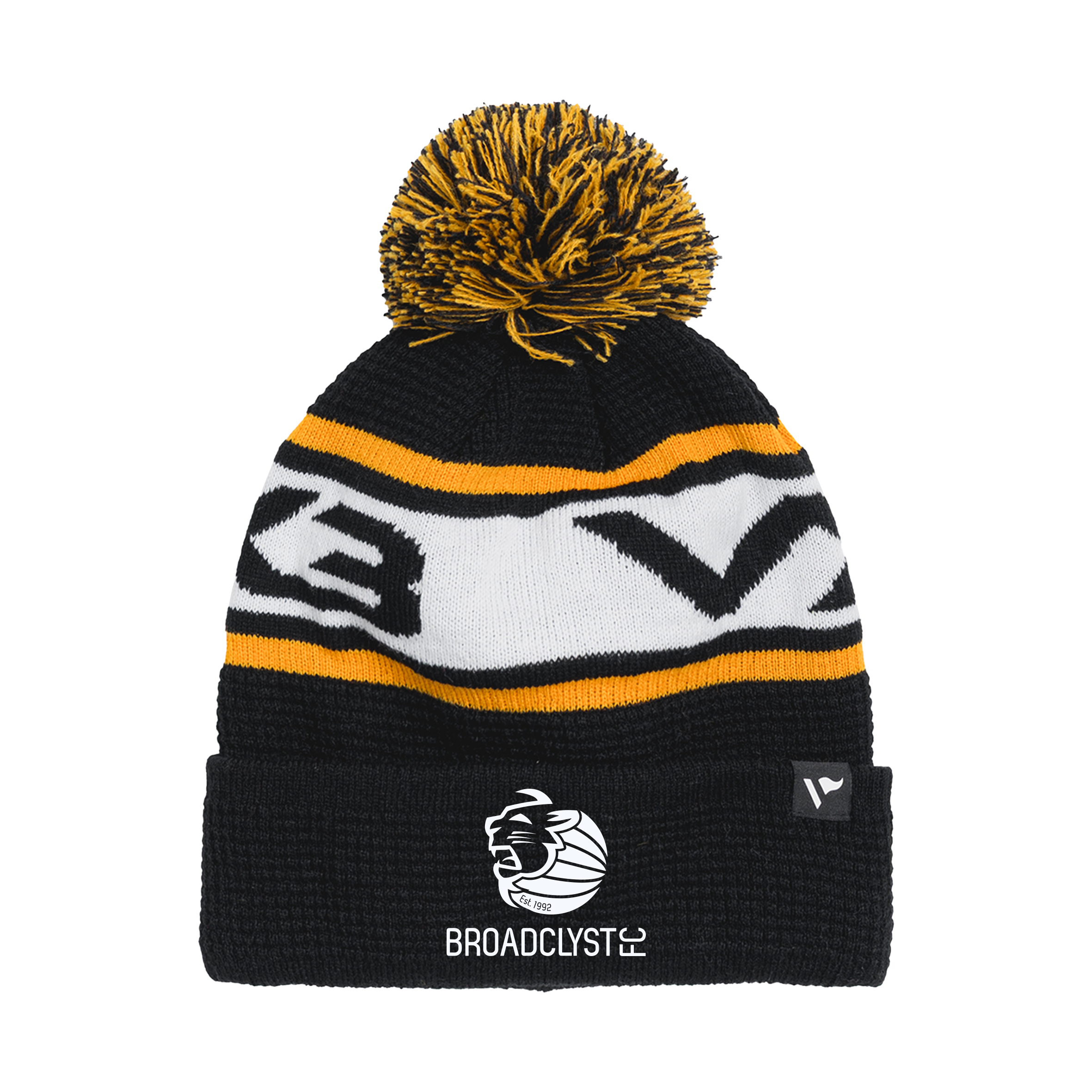 Broadclyst FC Waffle Knit Bobble Hat - Black/Amber/White