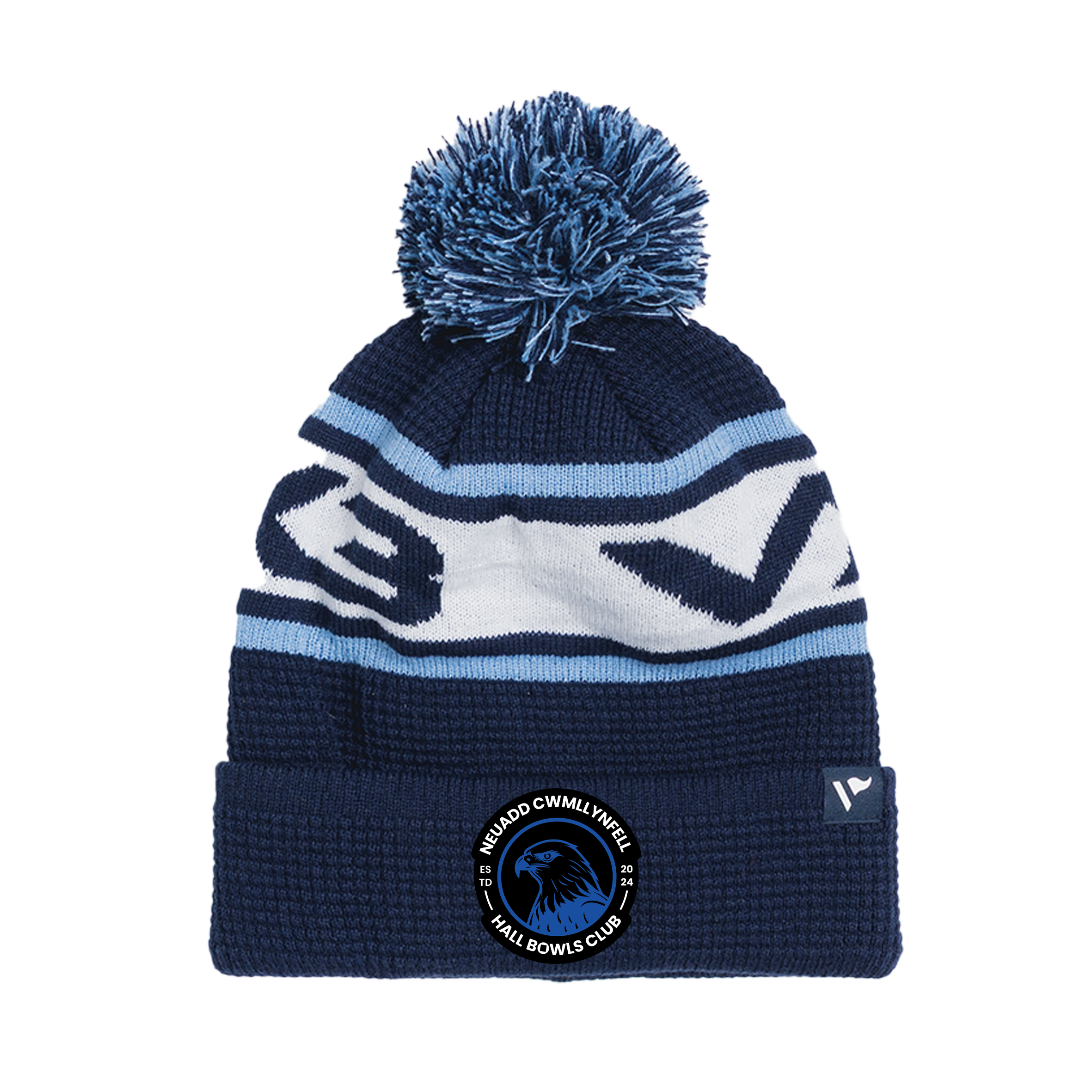 Cwmllynfell Bowls Waffle Knit Bobble Hat - Navy/Sky/White