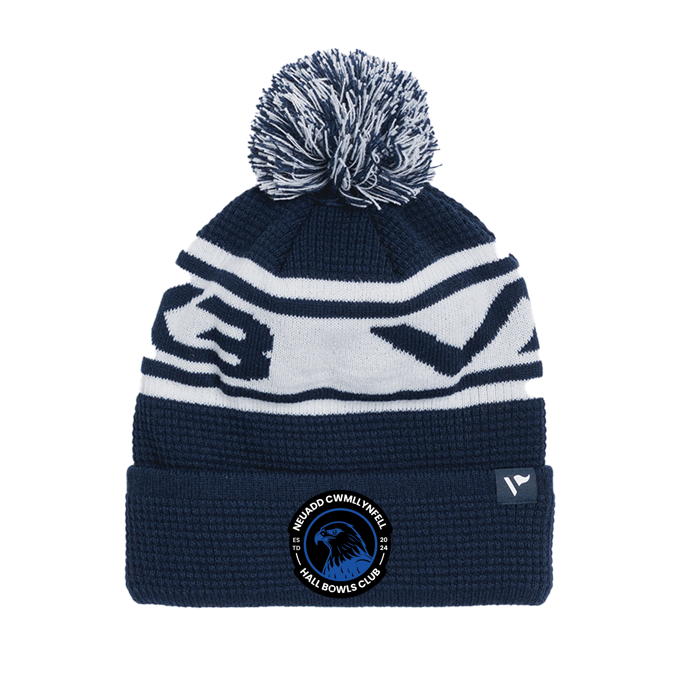 Cwmllynfell Bowls Waffle Knit Bobble Hat - Navy/White