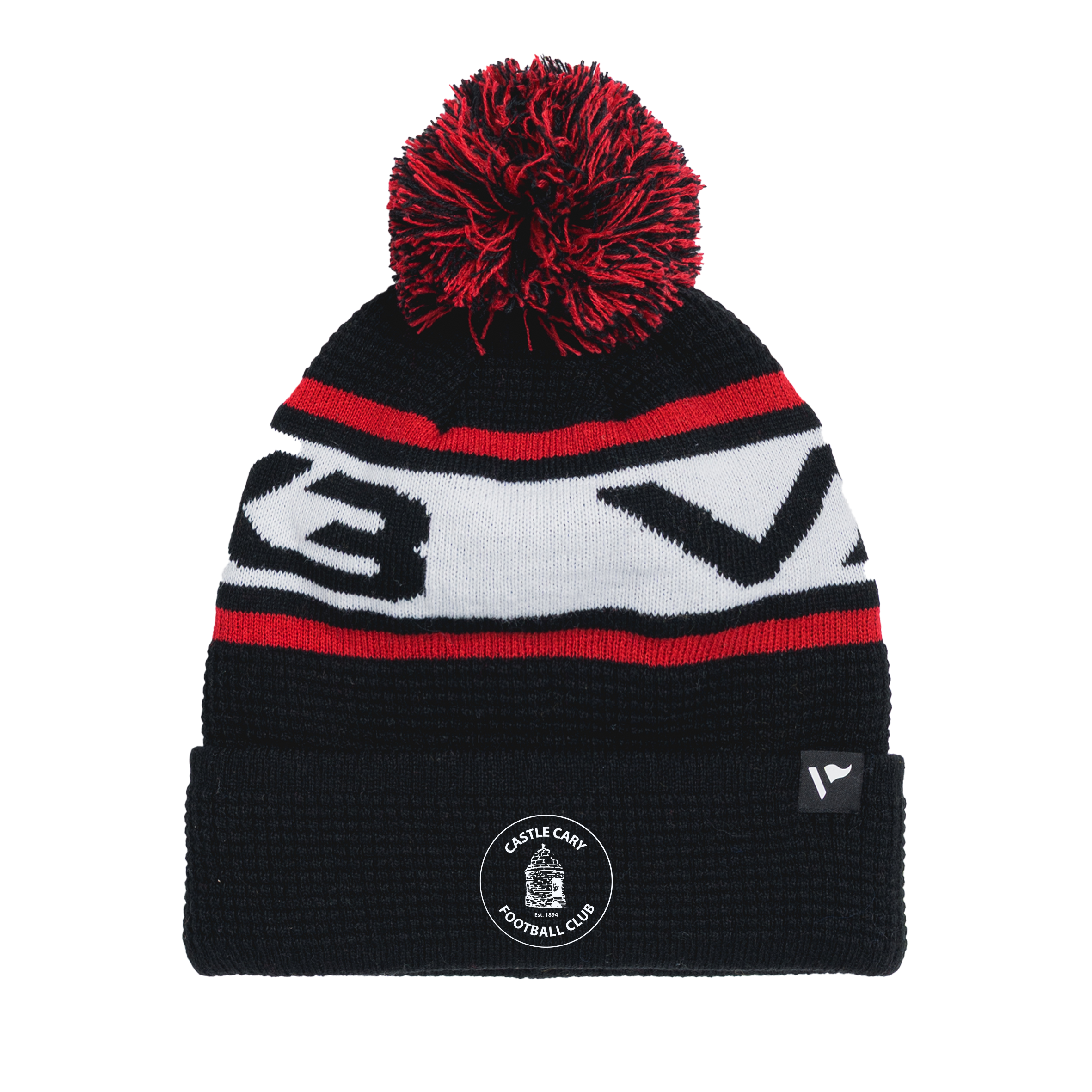 Castle Cary FC Waffle Knit Bobble Hat - Black/Red/White
