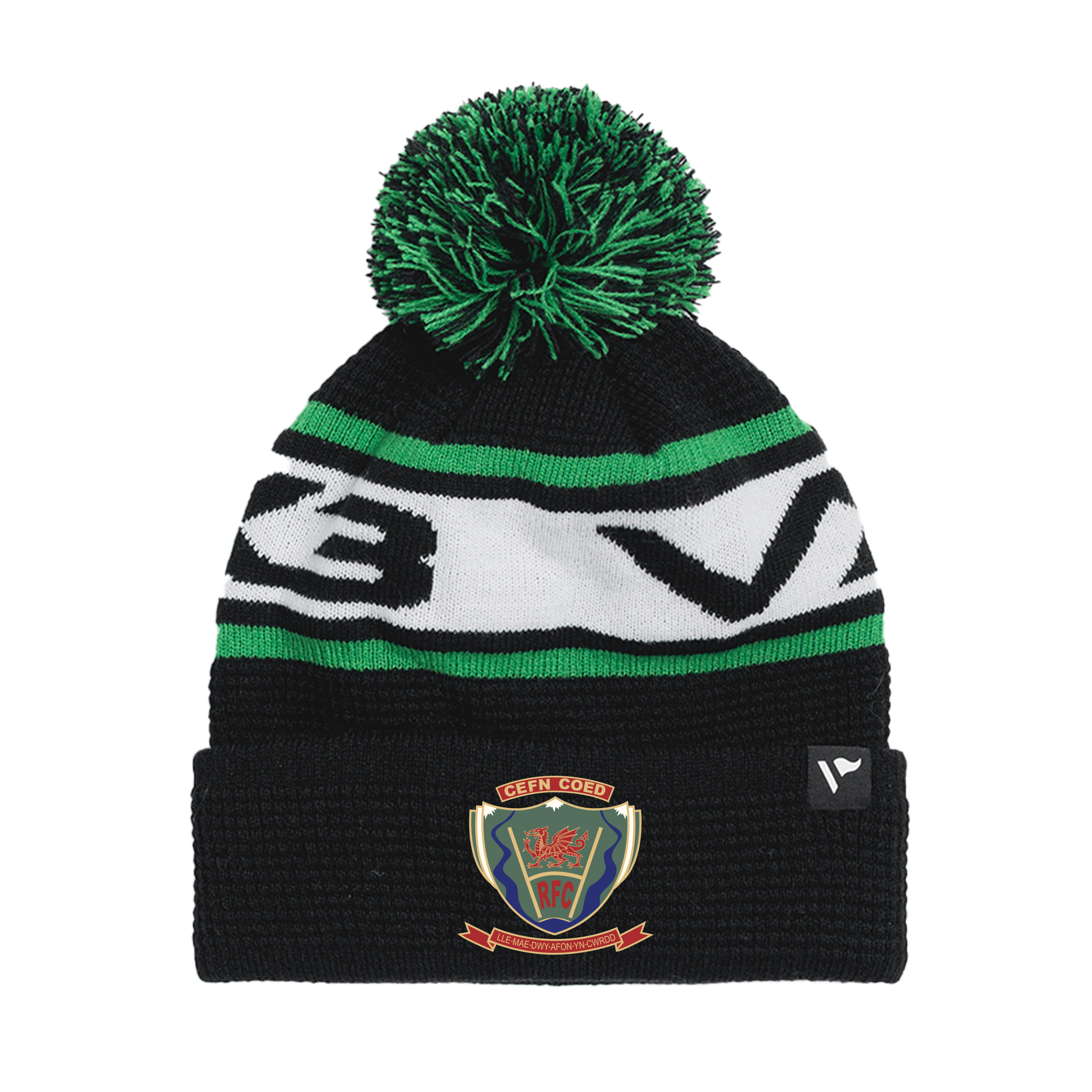 Cefn Coed RFC M&J Waffle Knit Bobble Hat - Black/Emerald/White