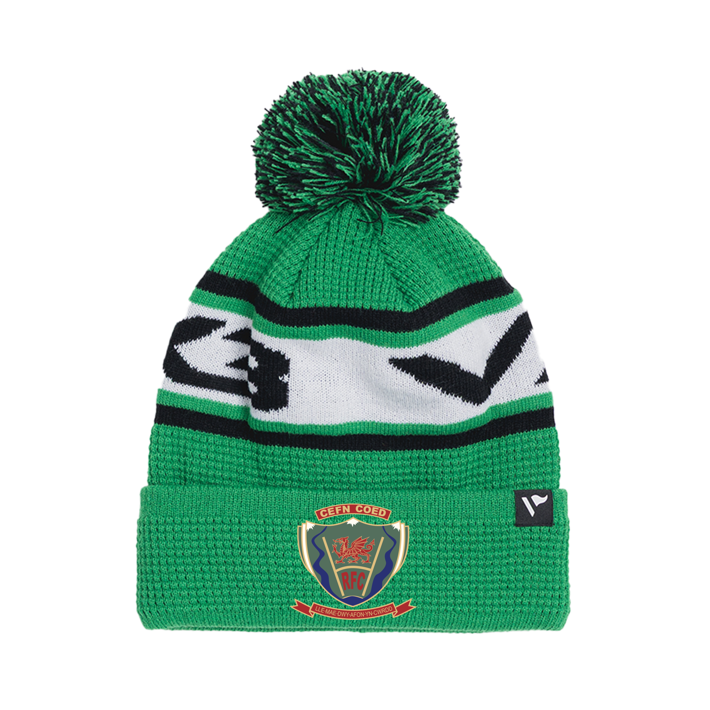 Cefn Coed RFC M&J Waffle Knit Bobble Hat - Emerald/Black/White