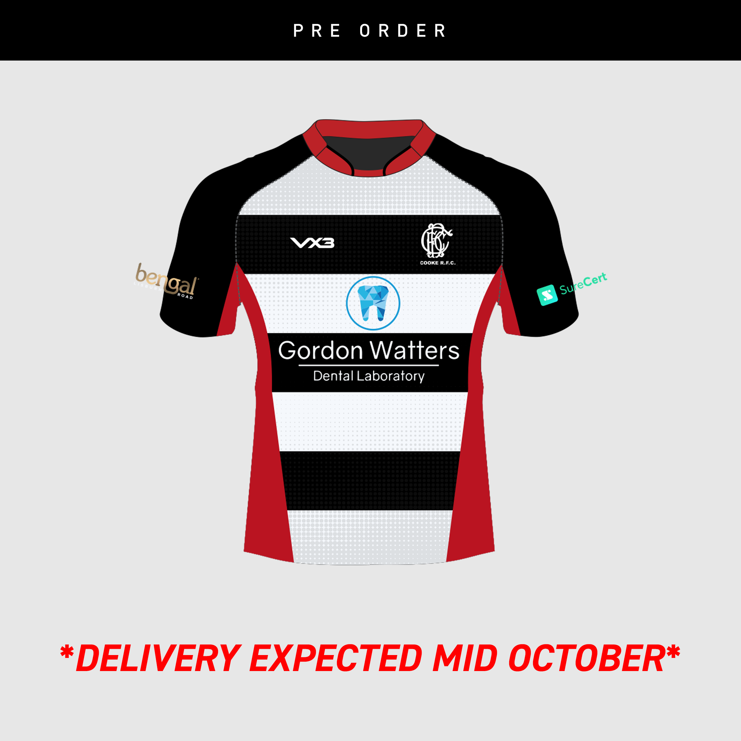 COOKE RFC RUGBY SEMIFIT SHIRT ACTIO COLLAR SHORT SLEEVE WHITE/BLACK/RED *YOUTH SIZES*