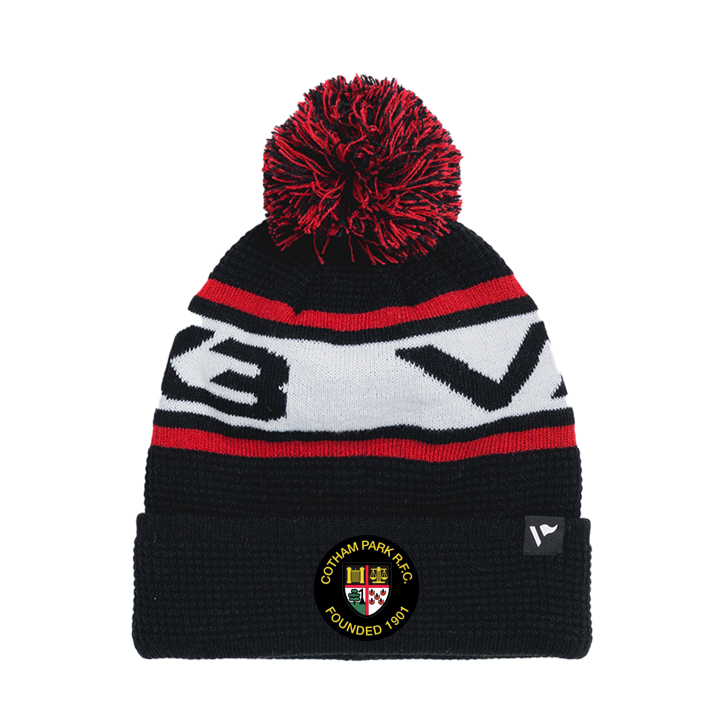 Cotham Park RFC Waffle Knit Bobble Hat - Black/Red/White