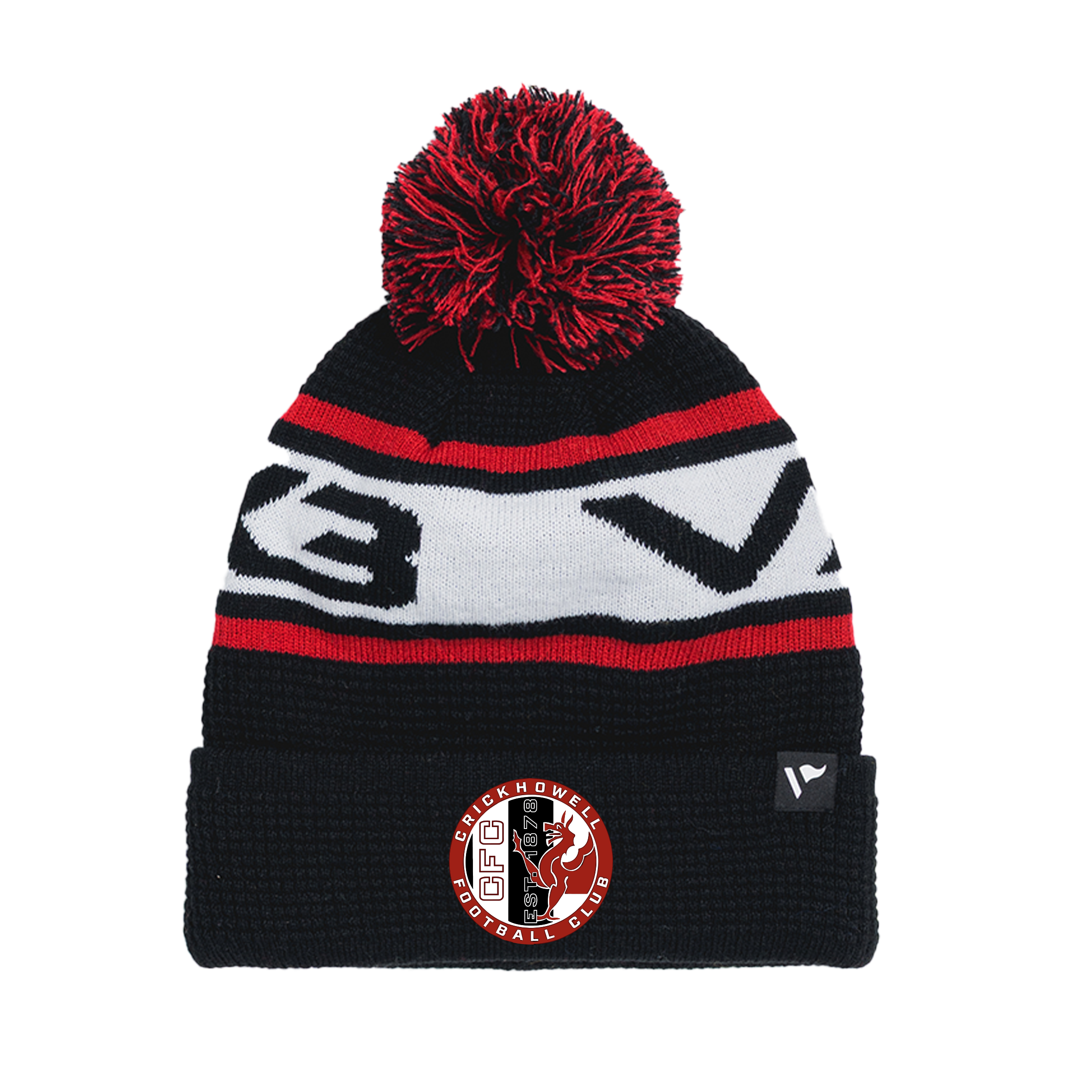 Crickhowell FC Waffle Knit Bobble Hat - Black/Red/White