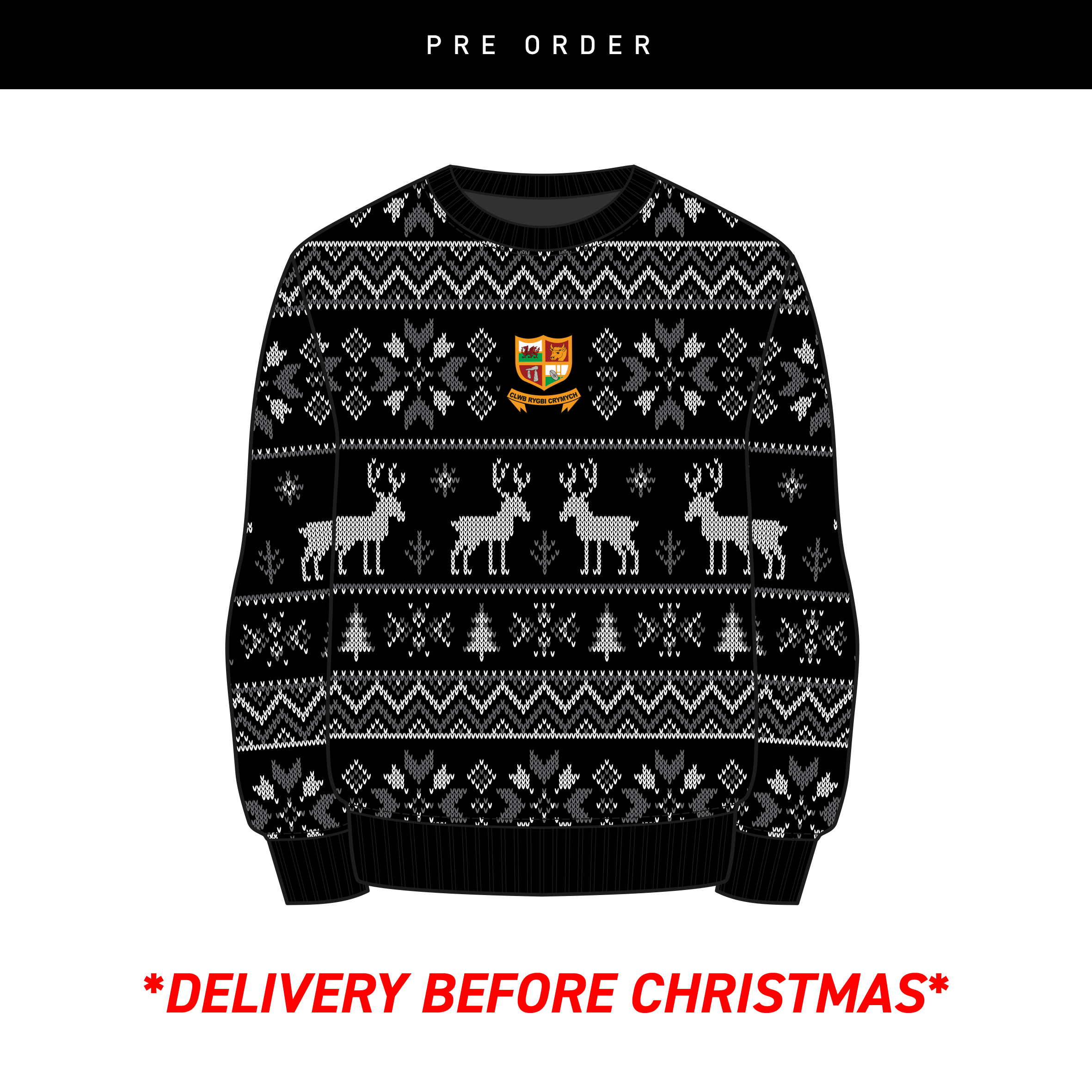 Clwb Rygbi Crymych Christmas Jumper - Black/Grey/White Youth