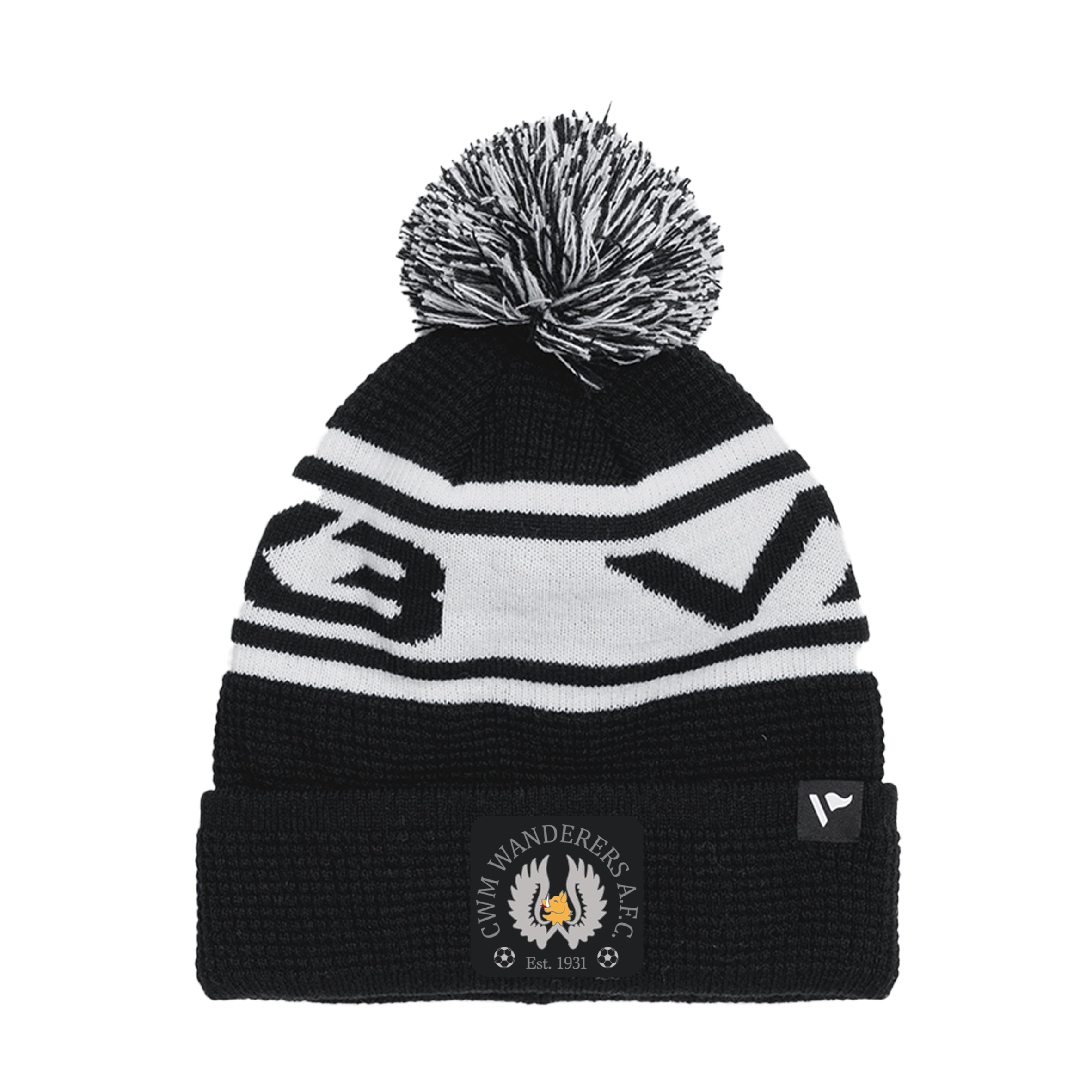 Cwm Wanderers FC Coaches Waffle Knit Bobble Hat - Black/White