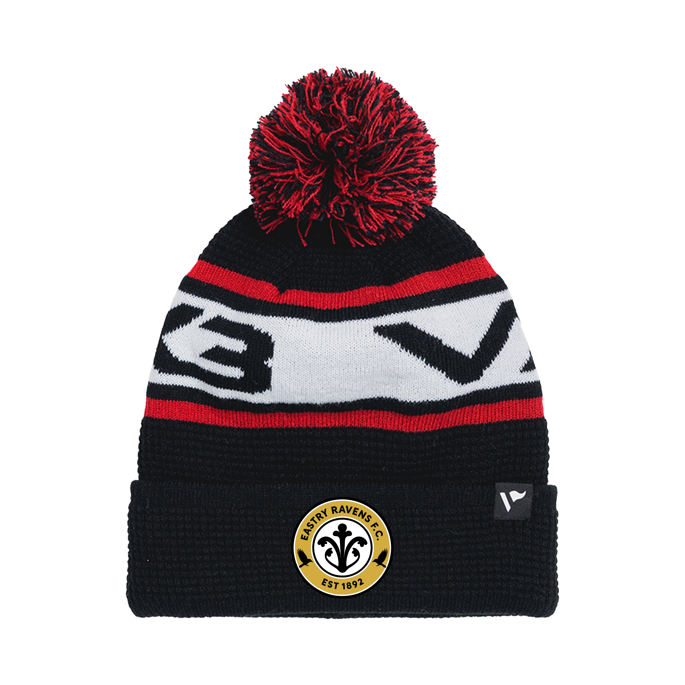 Eastry Ravens FC Waffle Knit Bobble Hat - Black/Red/White