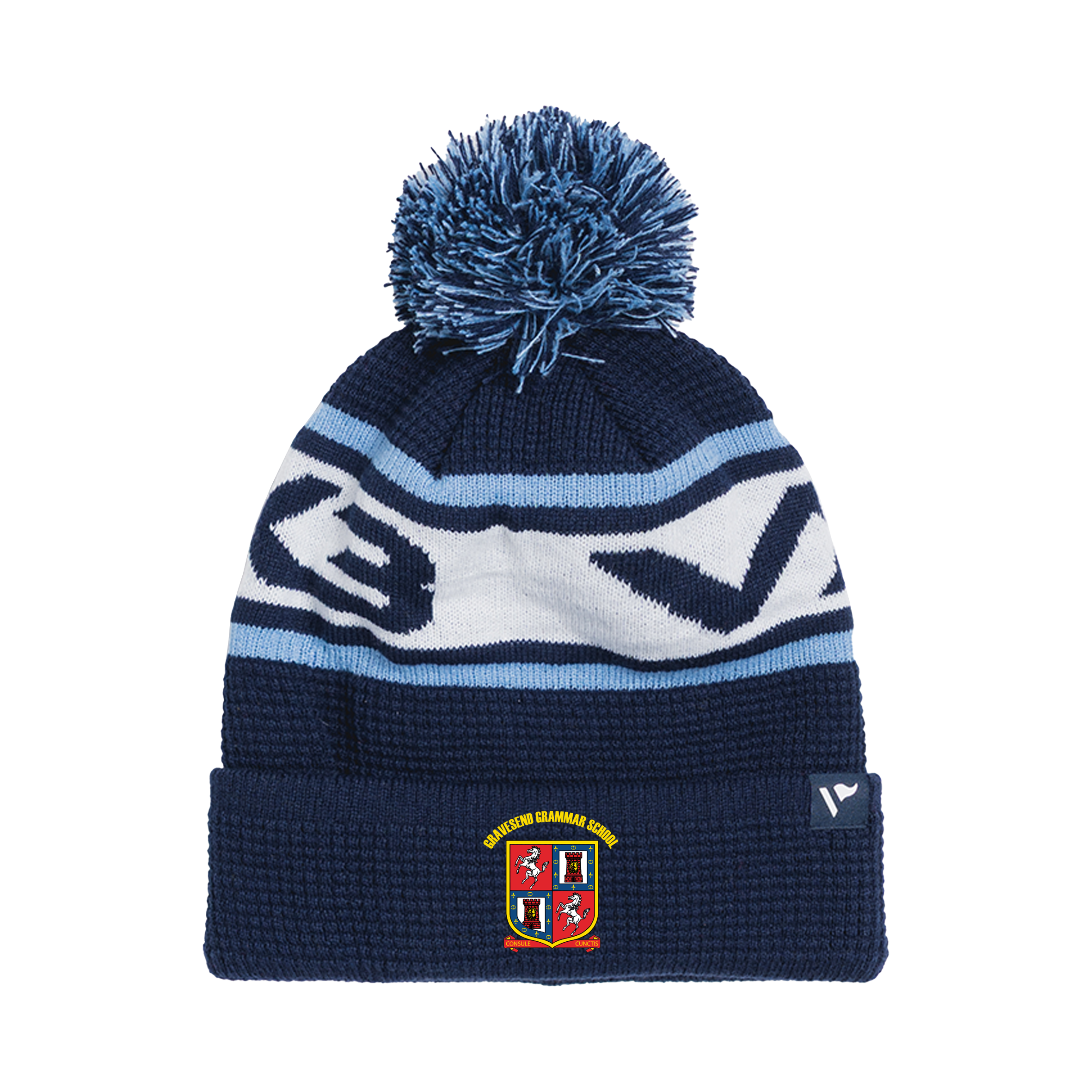 Gravesend Grammar School Waffle Knit Bobble Hat - Navy/Sky/White