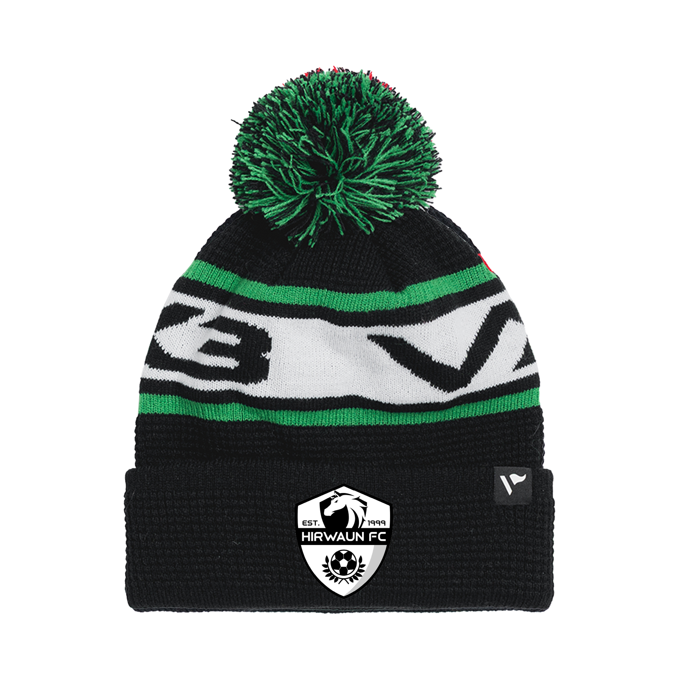 Hirwaun FC Waffle Knit Bobble Hat - Black/Emerald/White