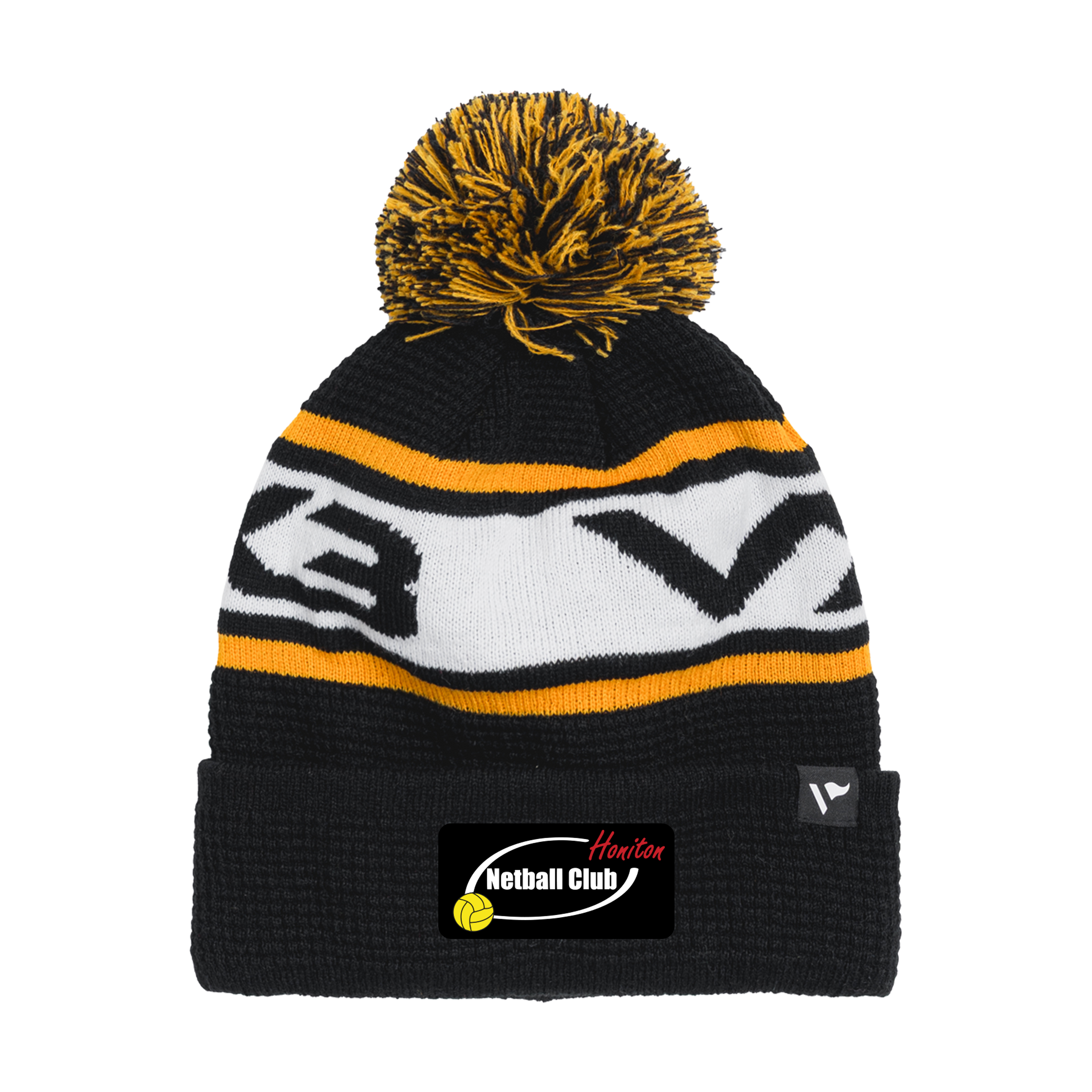Honiton Netball Club Waffle Knit Bobble Hat - Black/Amber/White