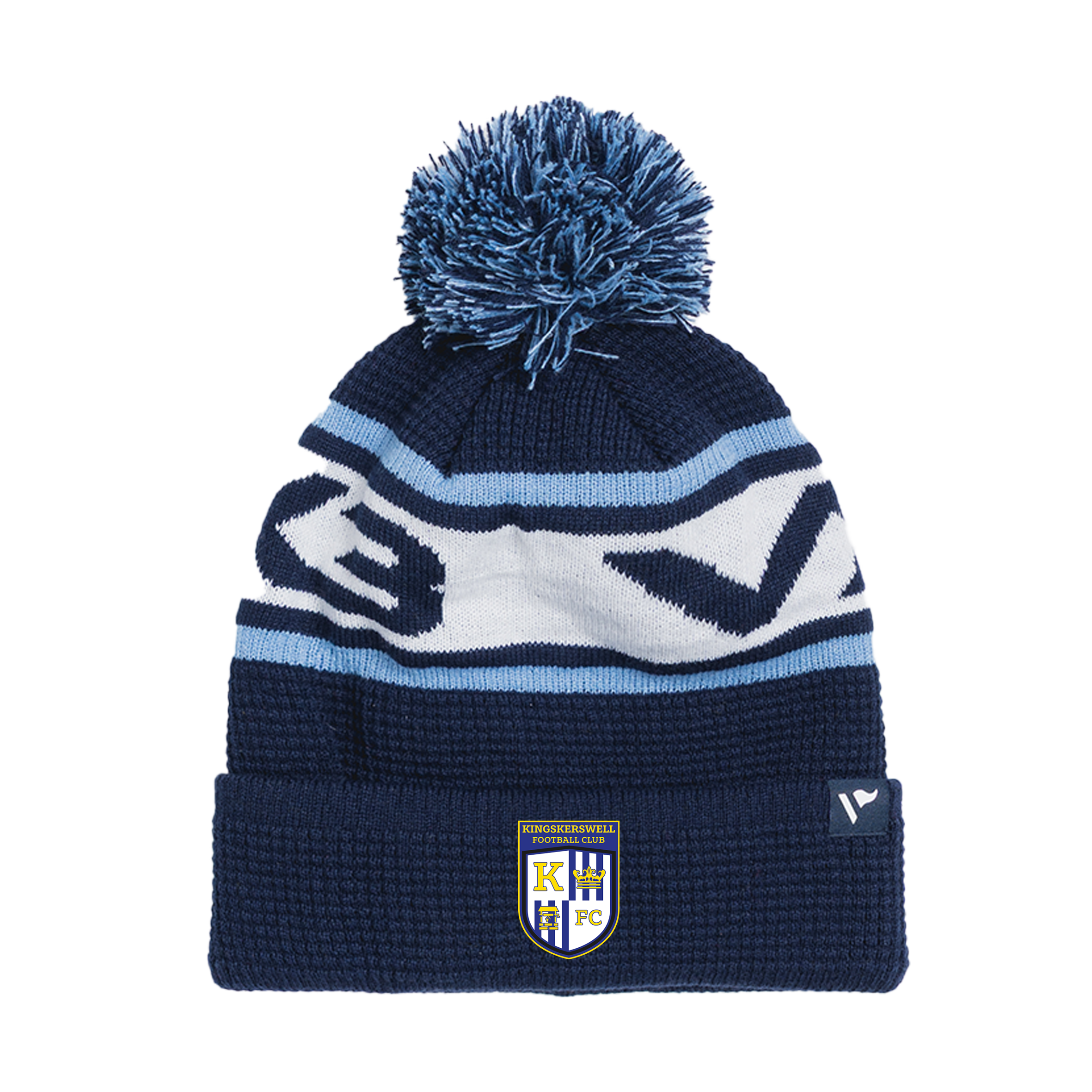 Kingskerswell FC Seniors Waffle Knit Bobble Hat - Navy/Sky/White