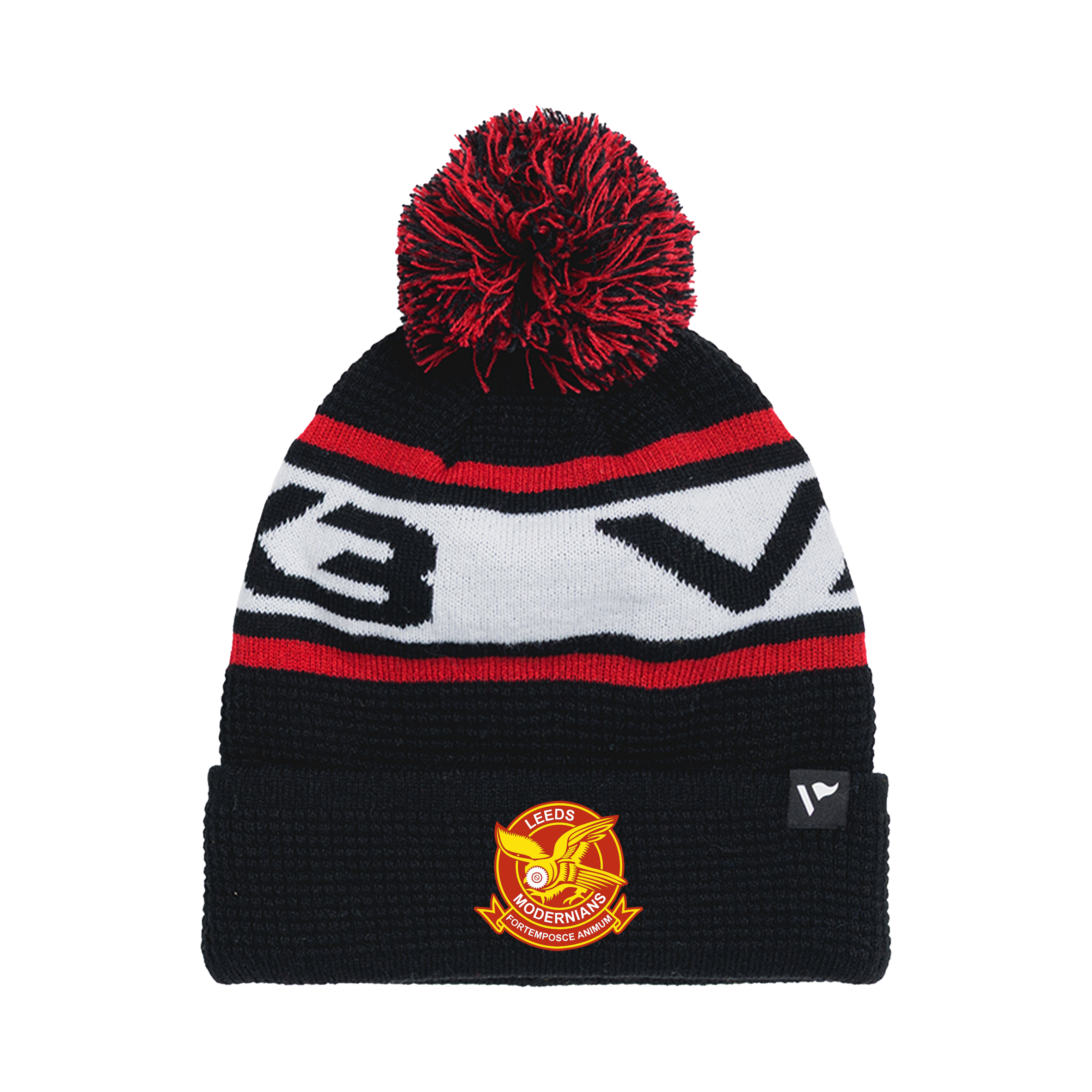 Leeds Modernians Waffle Knit Bobble Hat - Black/Red/White