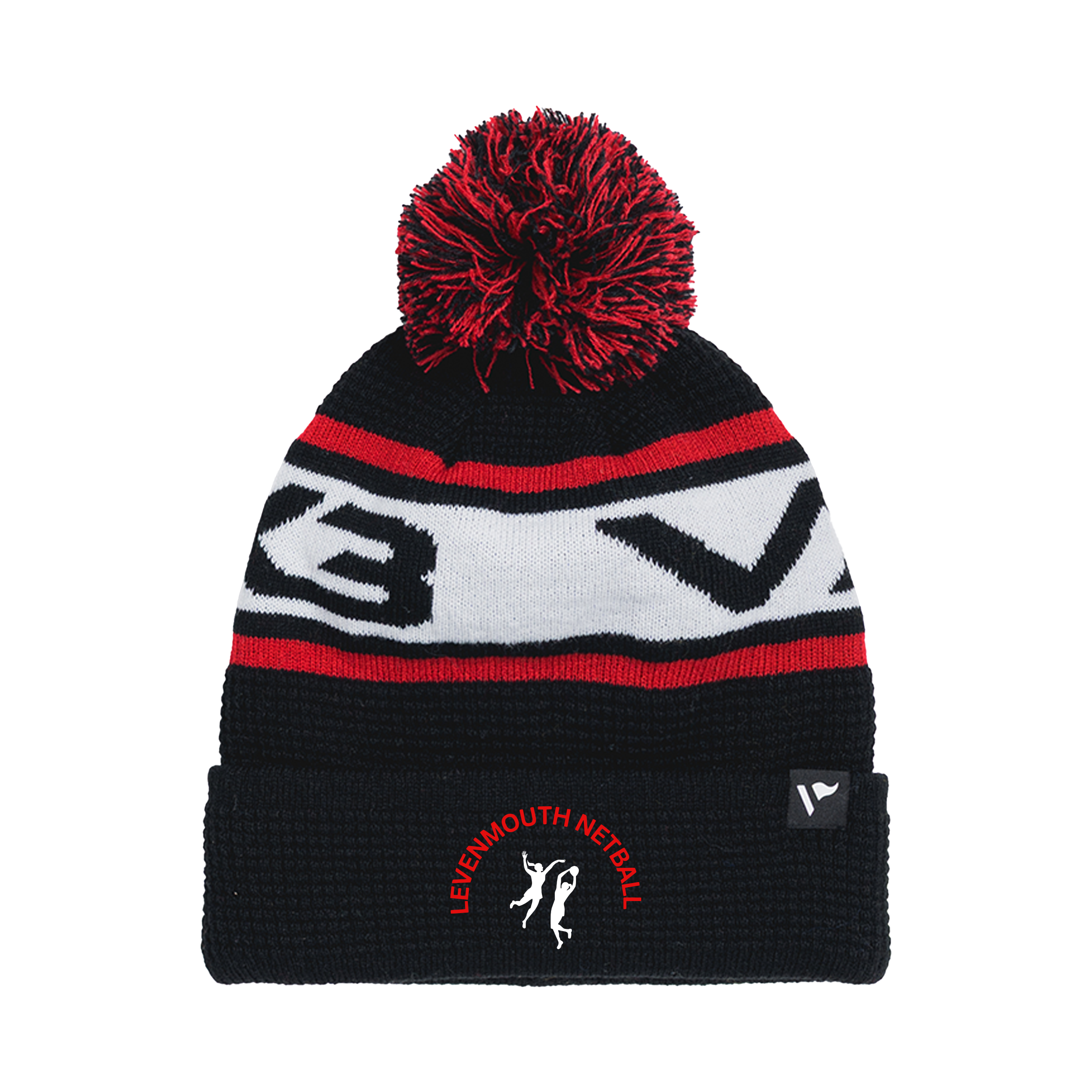 Levenmouth Netball Club Waffle Knit Bobble Hat - Black/Red/White