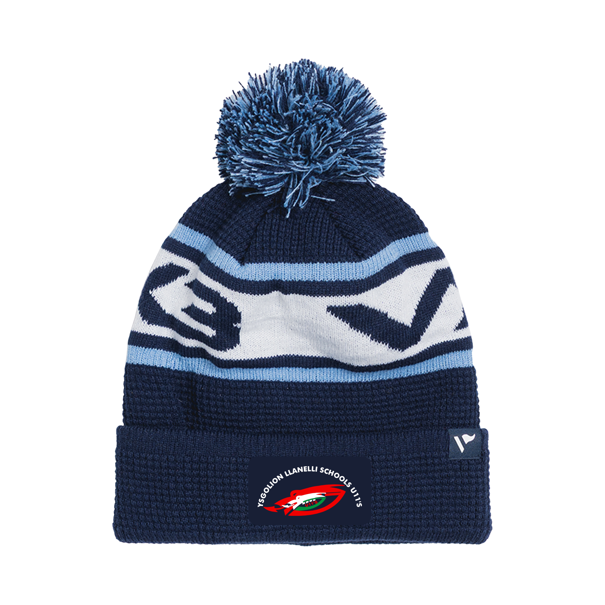 Llanelli Schools U11's Waffle Knit Bobble Hat - Navy/Sky/White