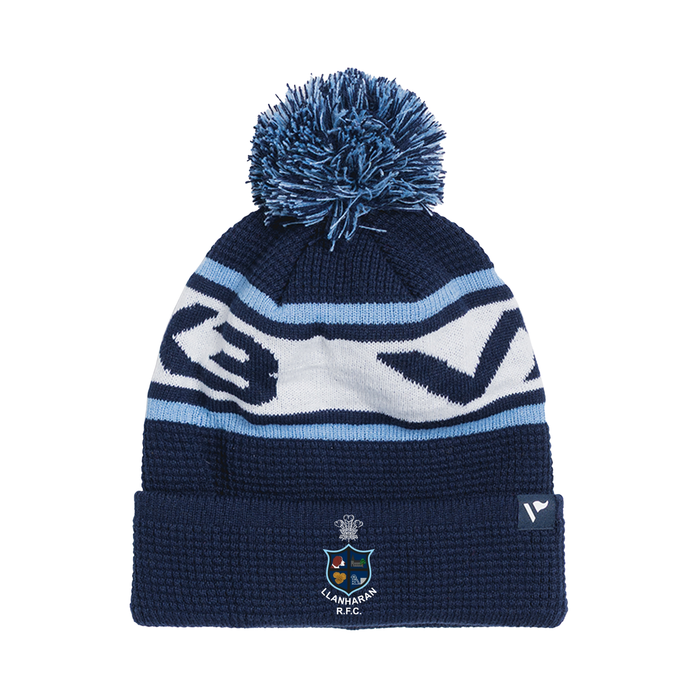 Llanharan RFC Waffle Knit Bobble Hat - Navy/Sky/White