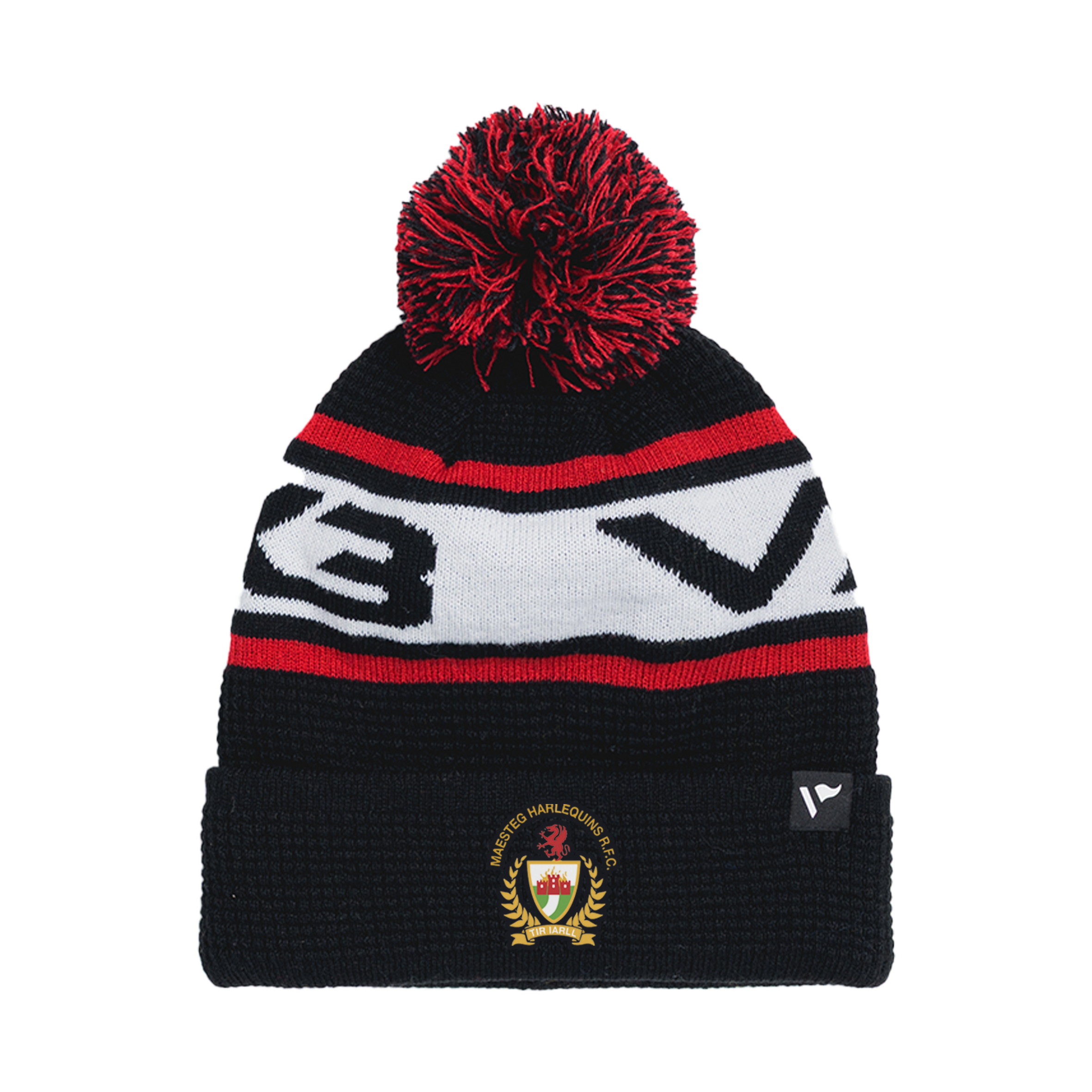 Maesteg Harlequins RFC Waffle Knit Bobble Hat - Black/Red/White