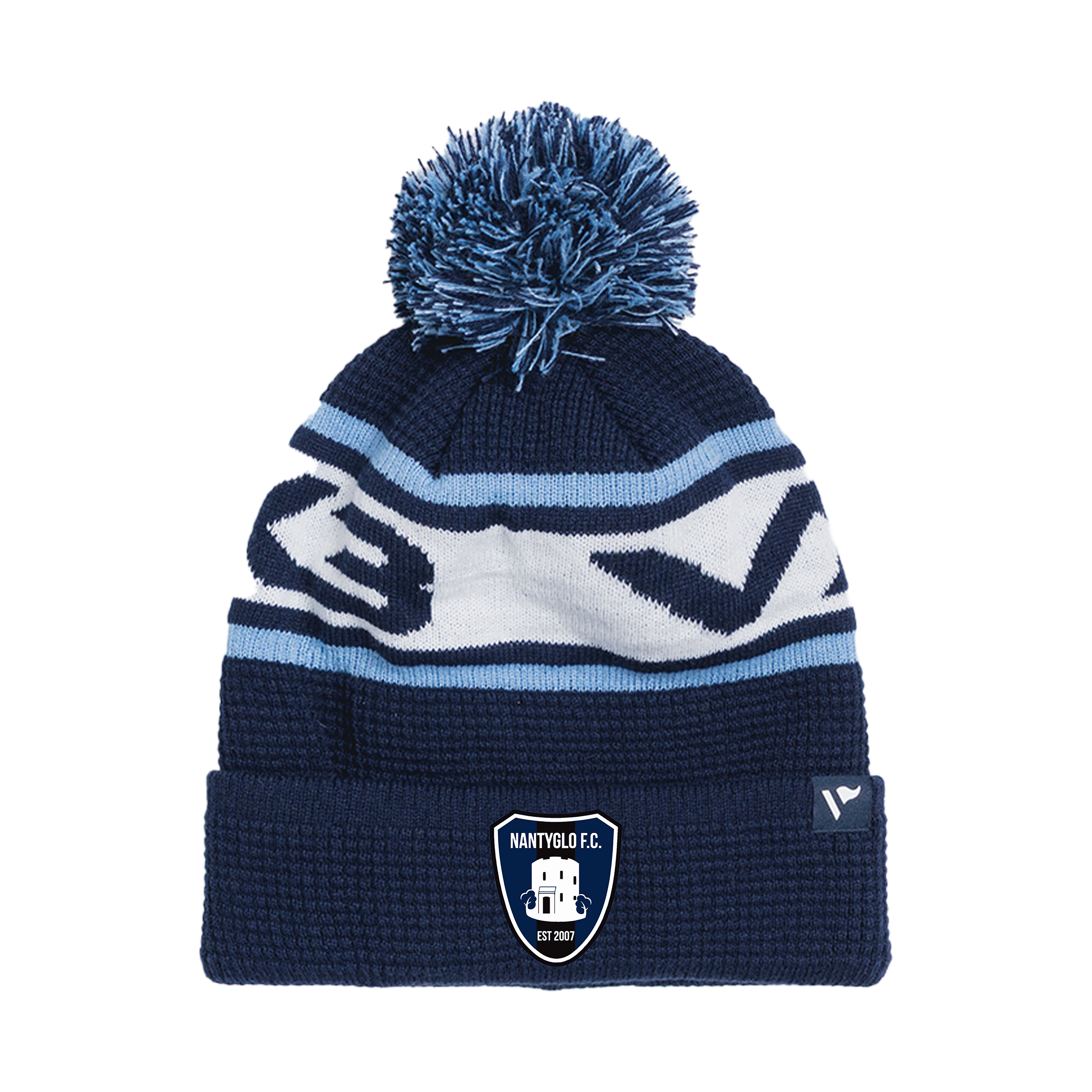 Nantyglo FC Waffle Knit Bobble Hat - Navy/Sky/White