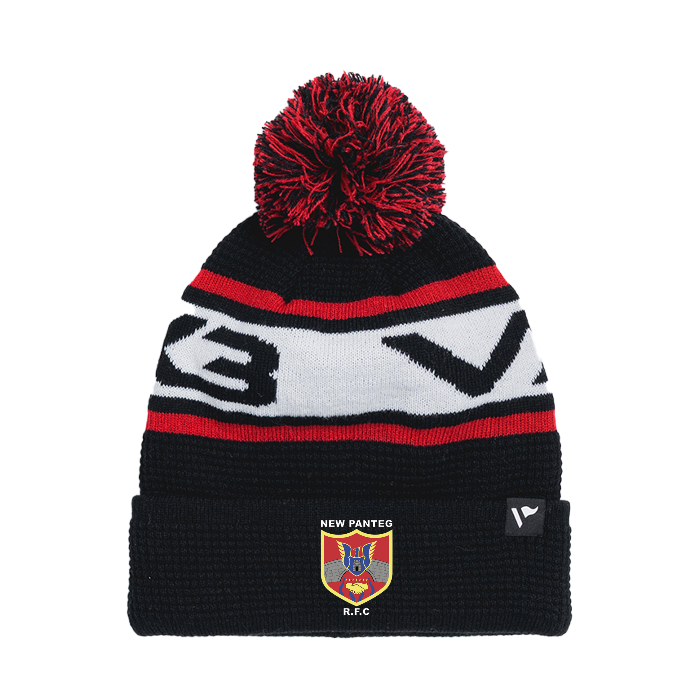 New Panteg RFC Waffle Knit Bobble Hat - Black/Red/White