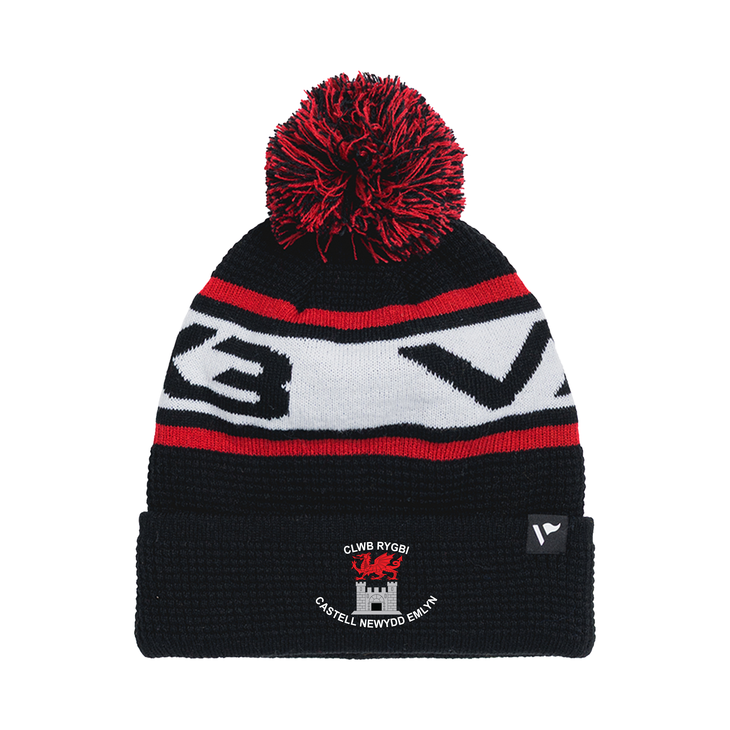 Newcastle Emlyn RFC Waffle Knit Bobble Hat - Black/Red/White