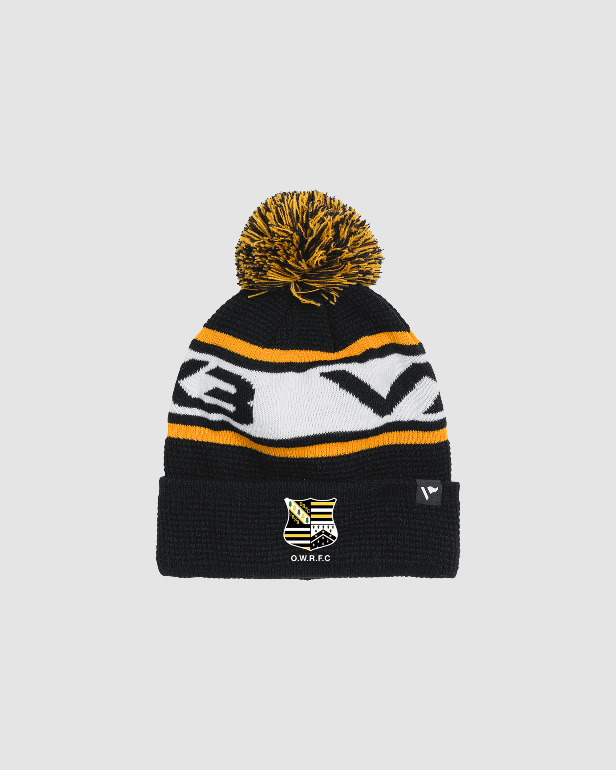 Oadby Wyggestonians RFC Waffle Knit Bobble Hat - Black/Amber/White