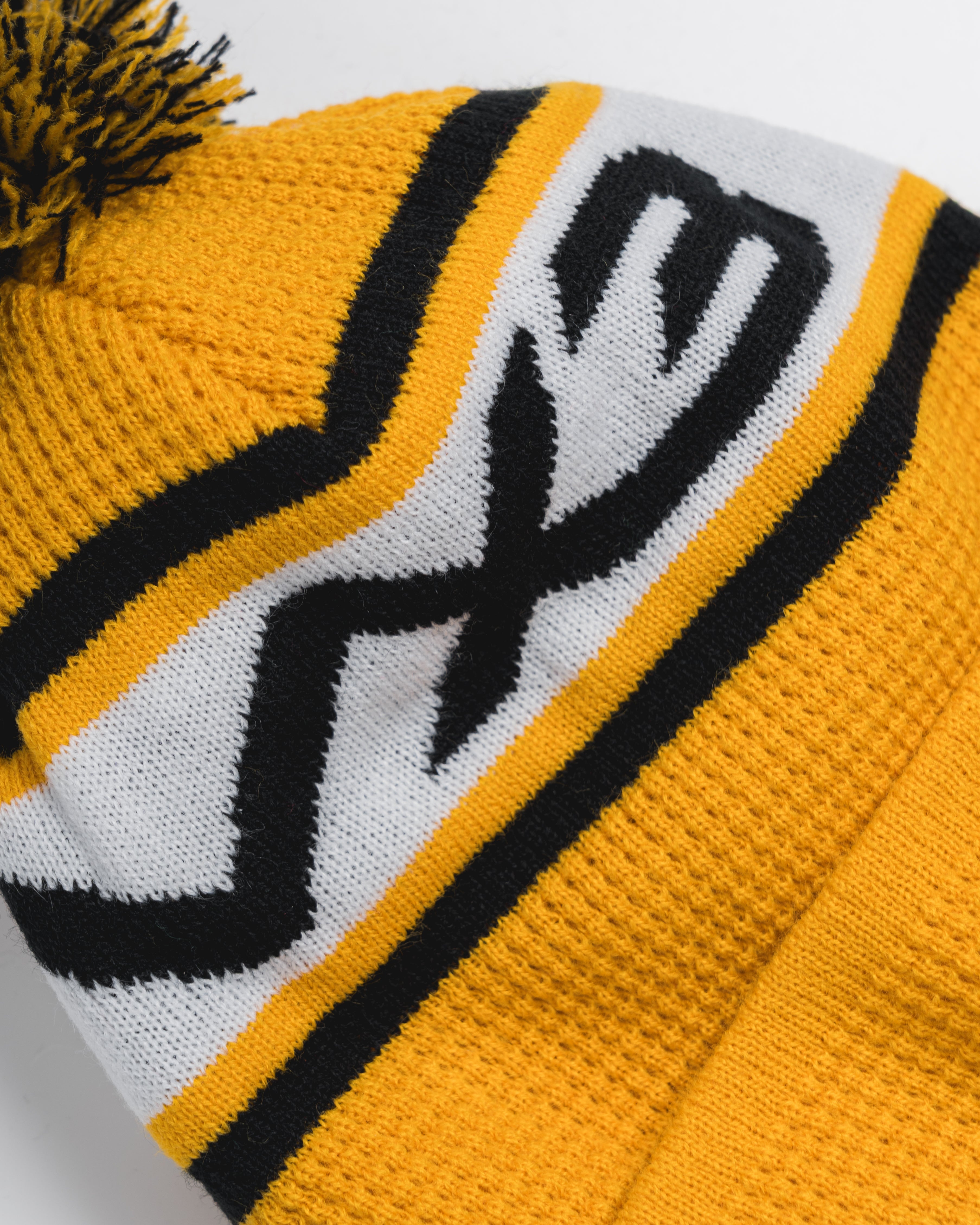 Waffle Knit Bobble Hat - Amber/Black/White