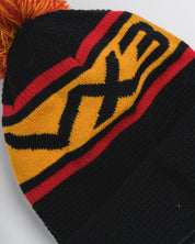Waffle Knit Bobble Hat - Black/Amber/Red