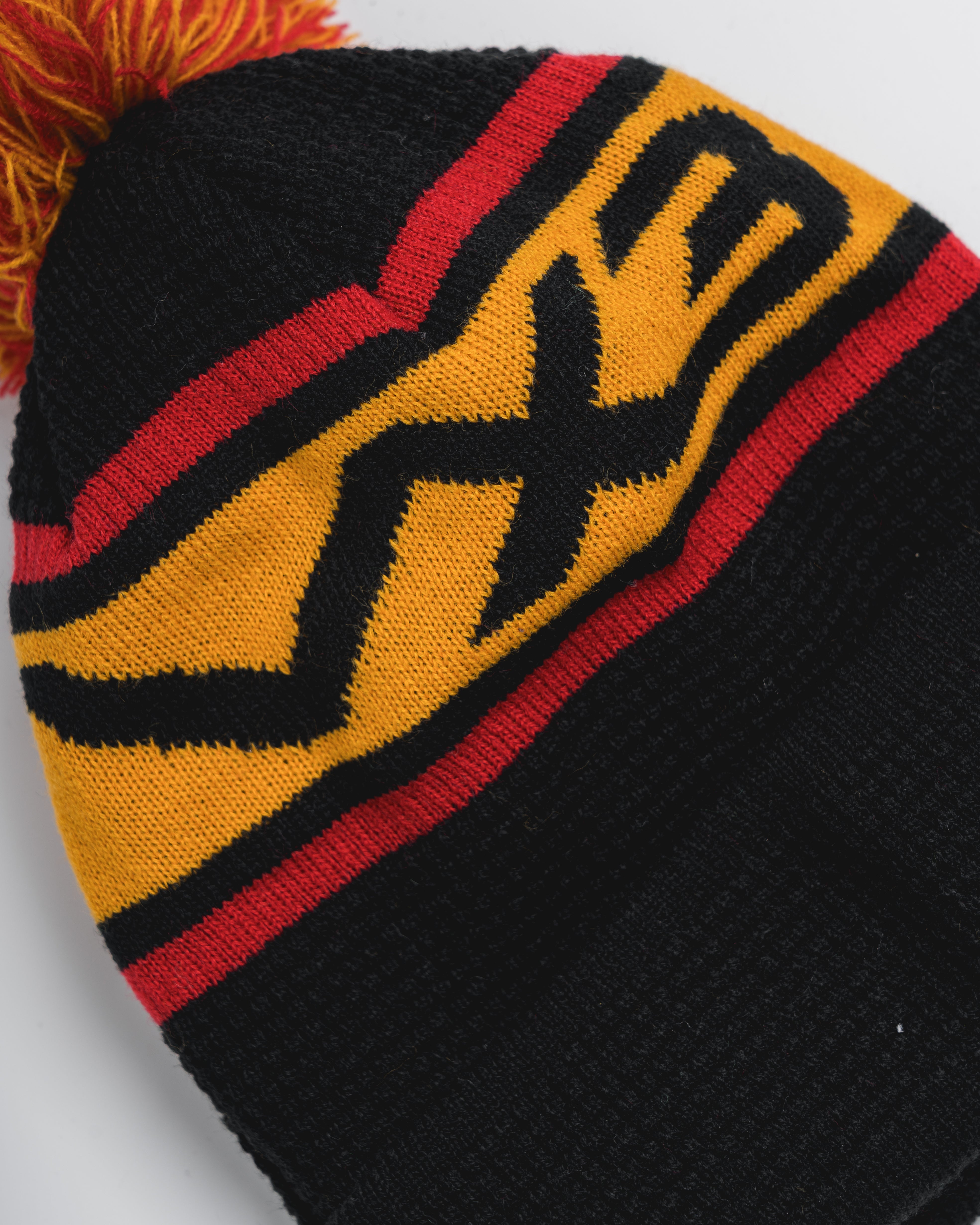 Waffle Knit Bobble Hat - Black/Amber/Red