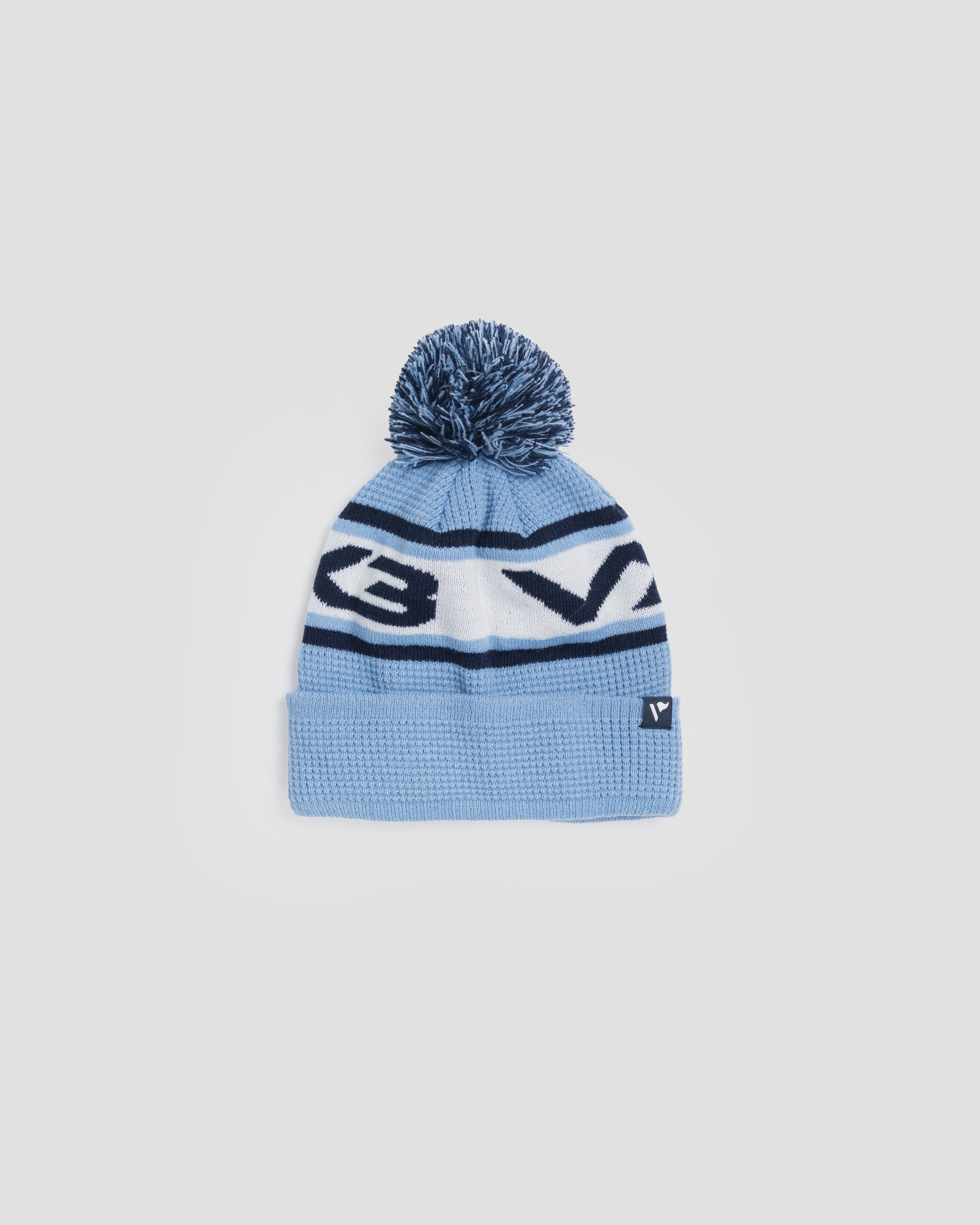 Waffle Knit Bobble Hat - Sky/Navy/White