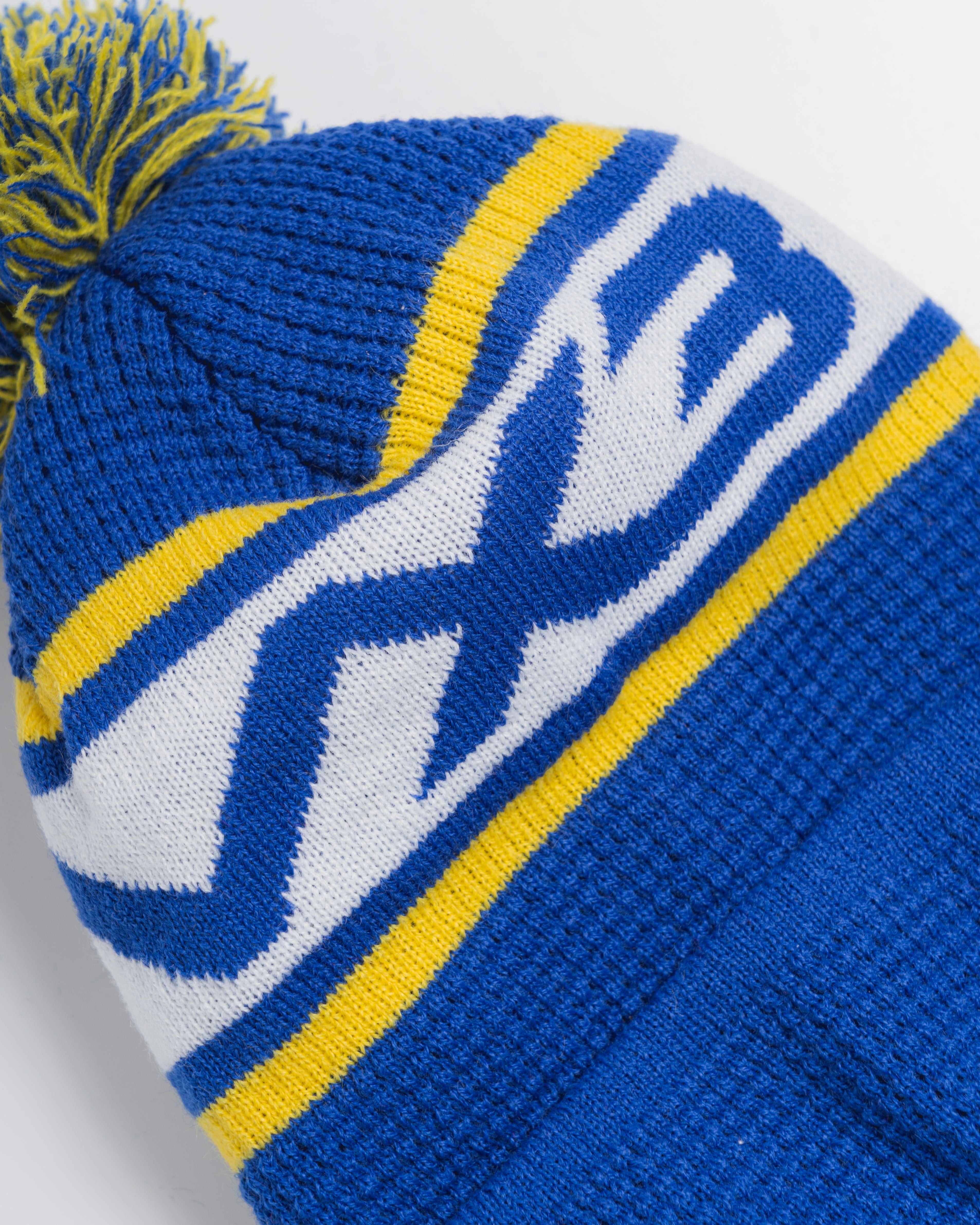 Waffle Knit Bobble Hat - Royal/Yellow/White