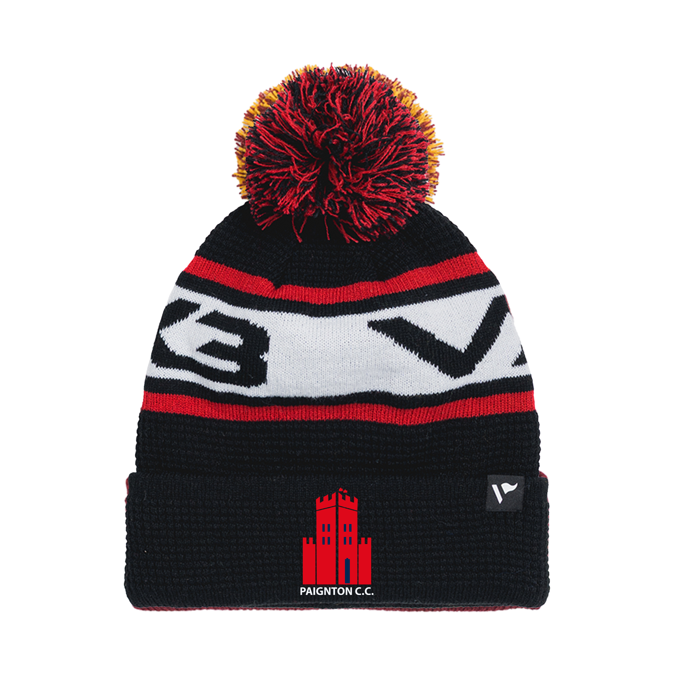 Paignton Cricket Club Waffle Knit Bobble Hat - Black/Red/White