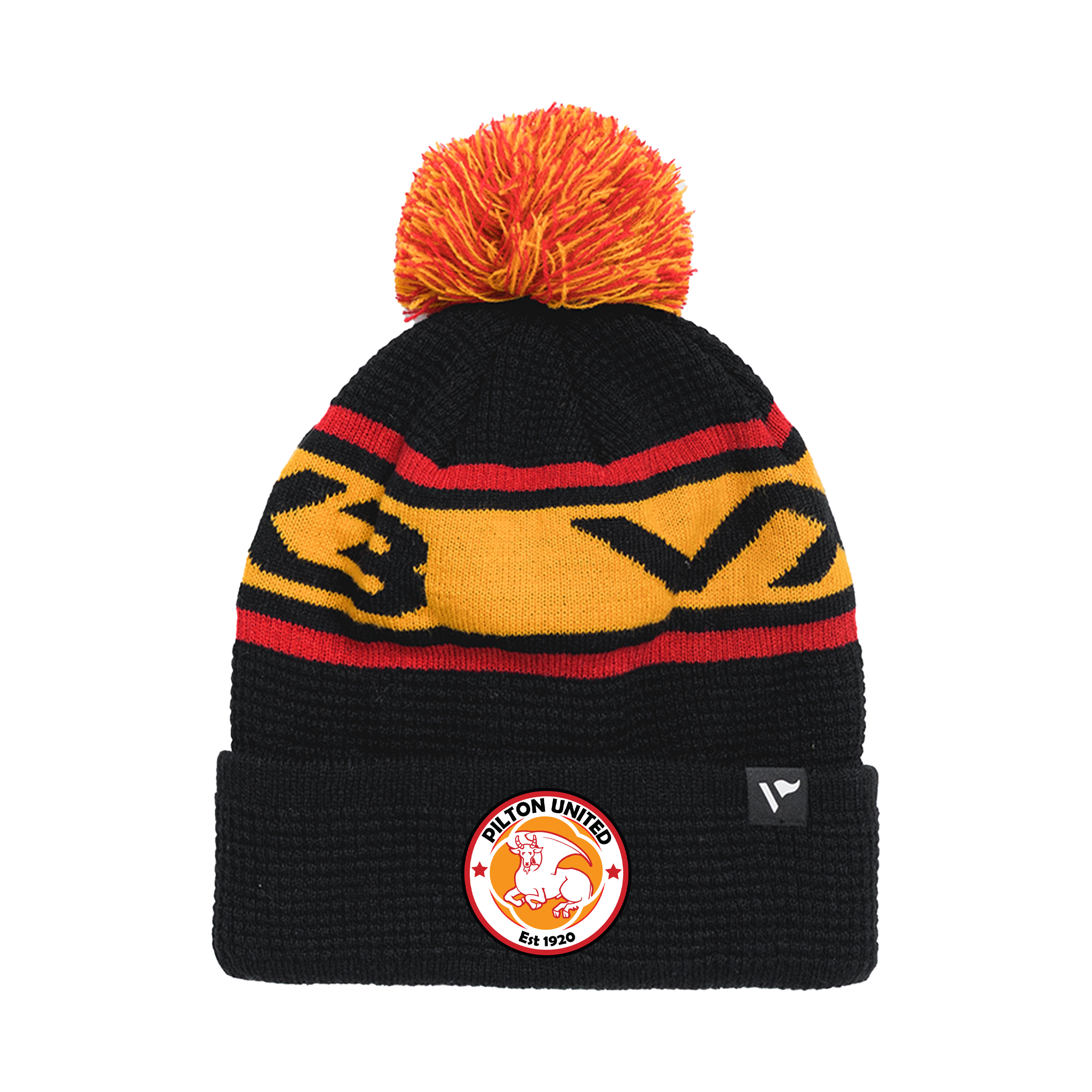 Pilton United FC Waffle Knit Bobble Hat - Black/Amber/Red