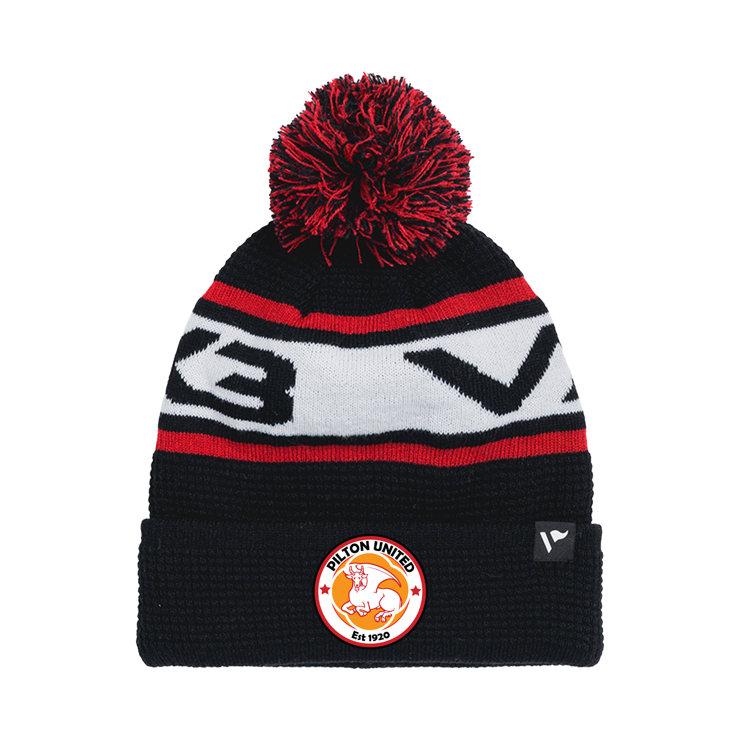 Pilton United FC Waffle Knit Bobble Hat - Black/Red/White