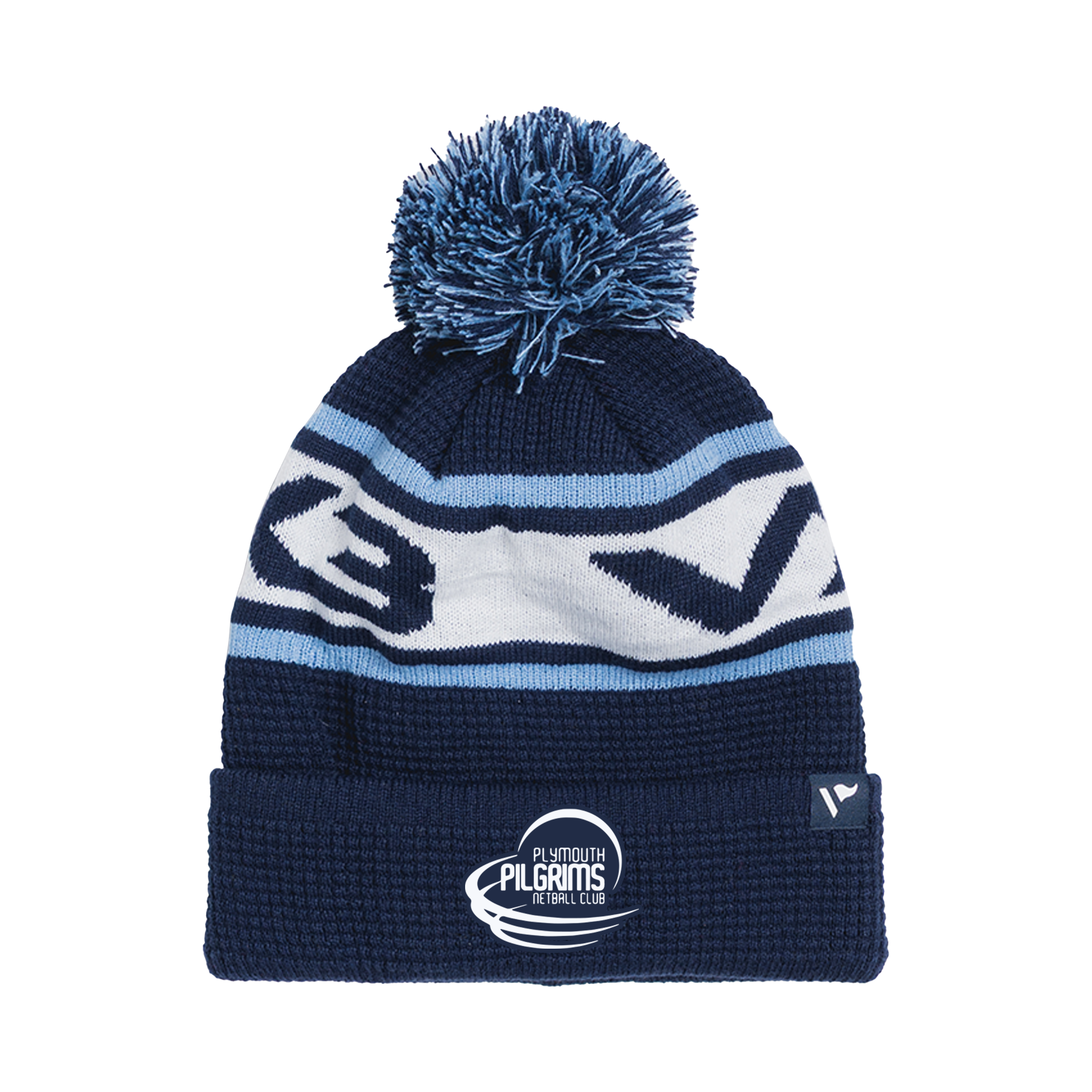 Plymouth Pilgrims Netball Club Waffle Knit Bobble Hat - Navy/Sky/White