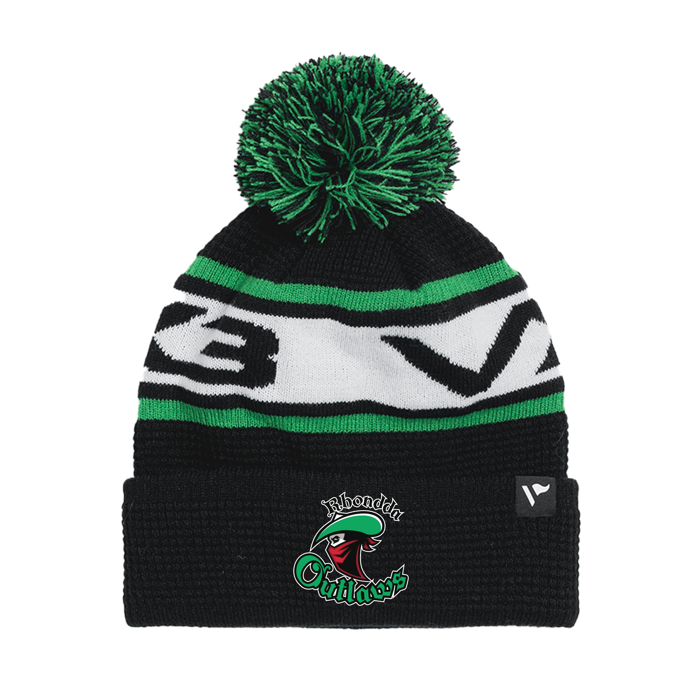 Rhondda Outlaws Waffle Knit Bobble Hat - Black/Emerald/White
