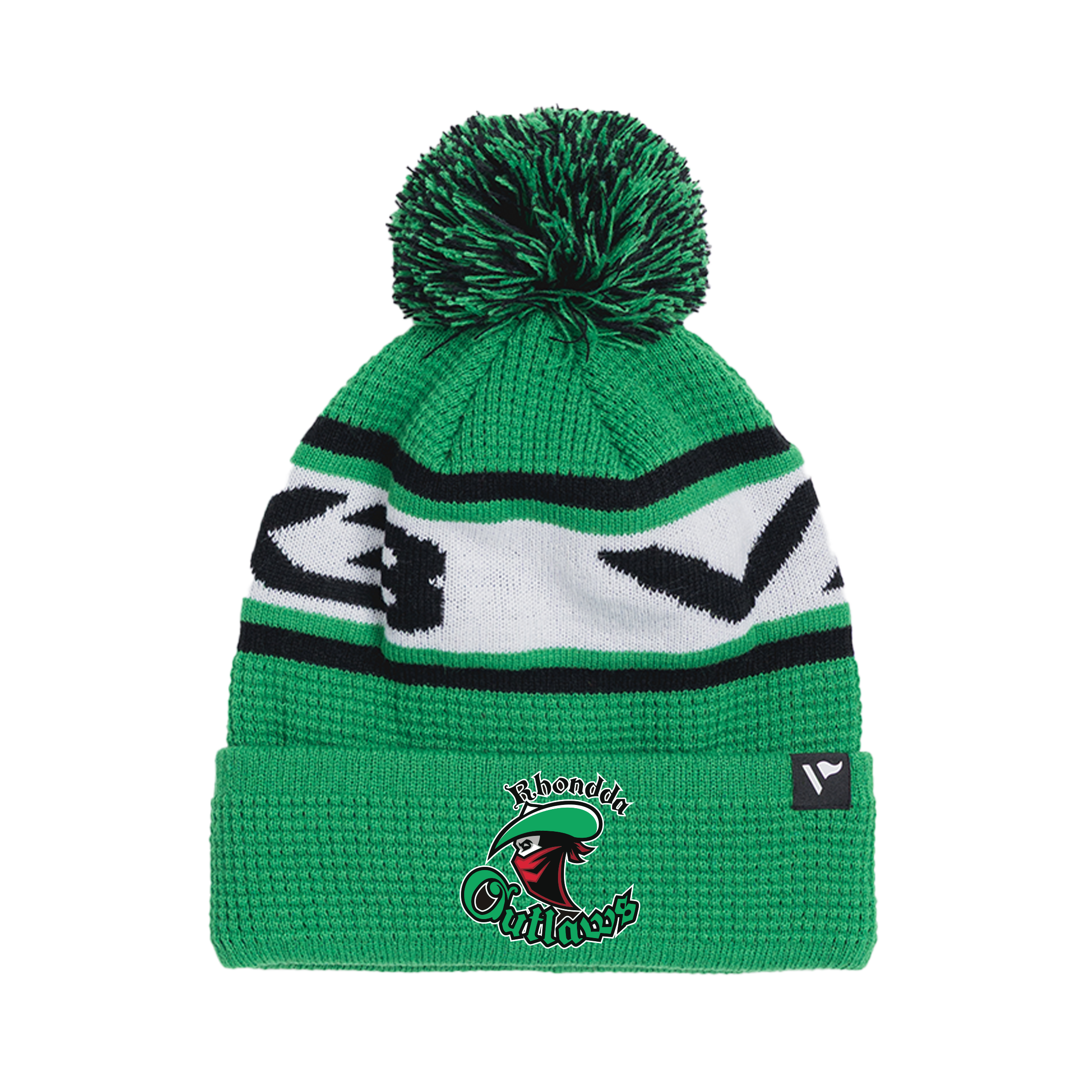 Rhondda Outlaws Waffle Knit Bobble Hat - Emerald/Black/White