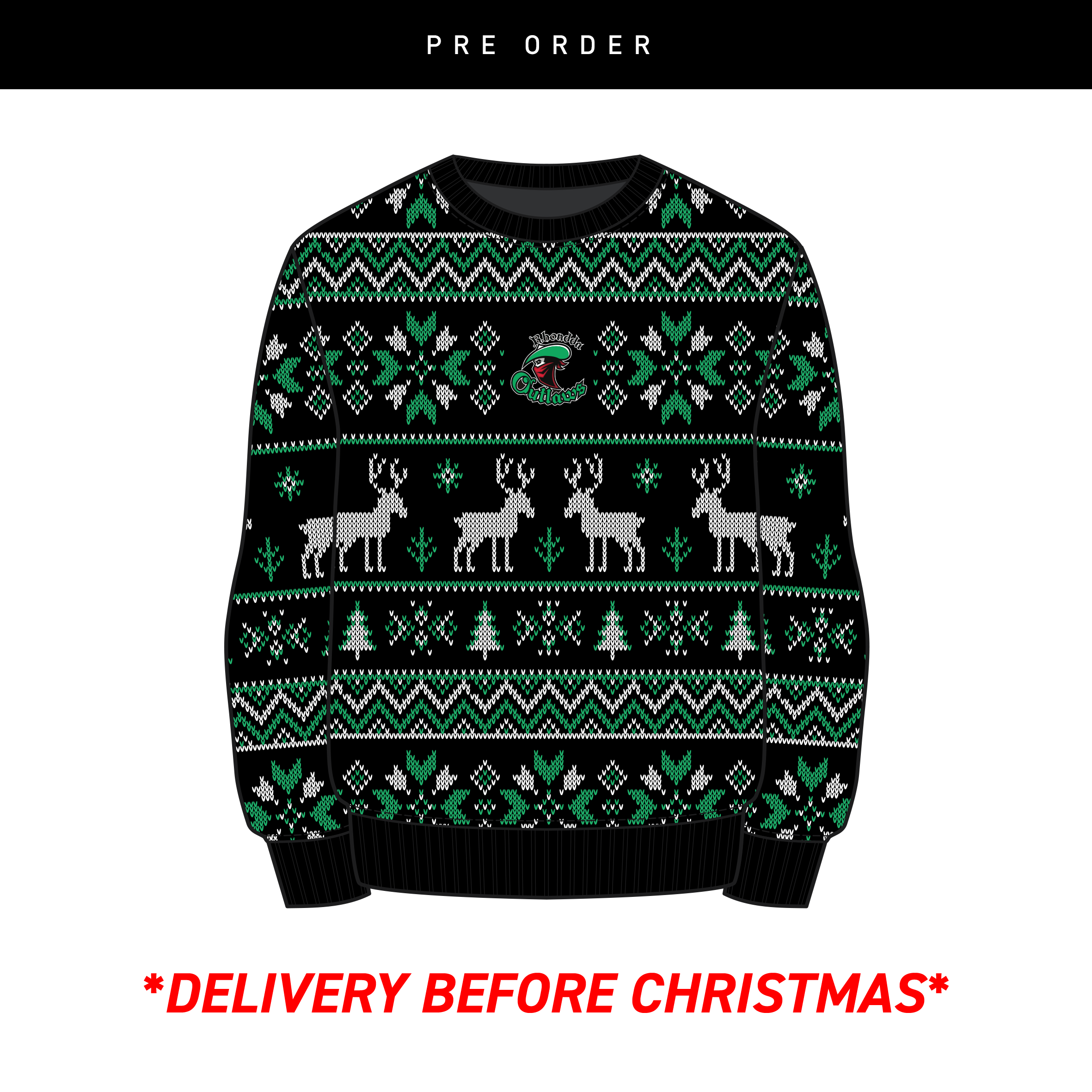 Rhondda Outlaws Christmas Jumper - Black/Emerald/White