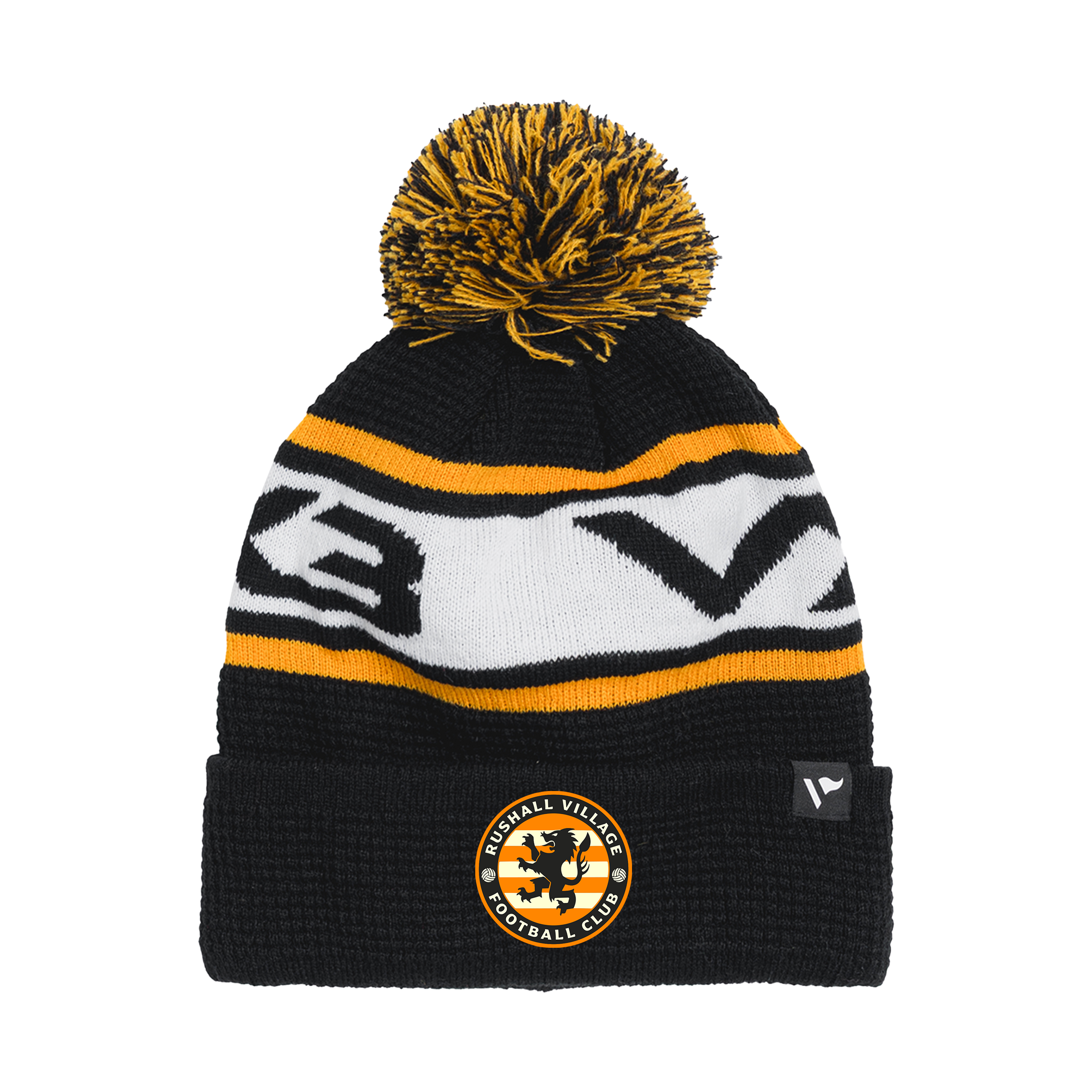 Rushall Village FC Waffle Knit Bobble Hat - Black/Amber/White