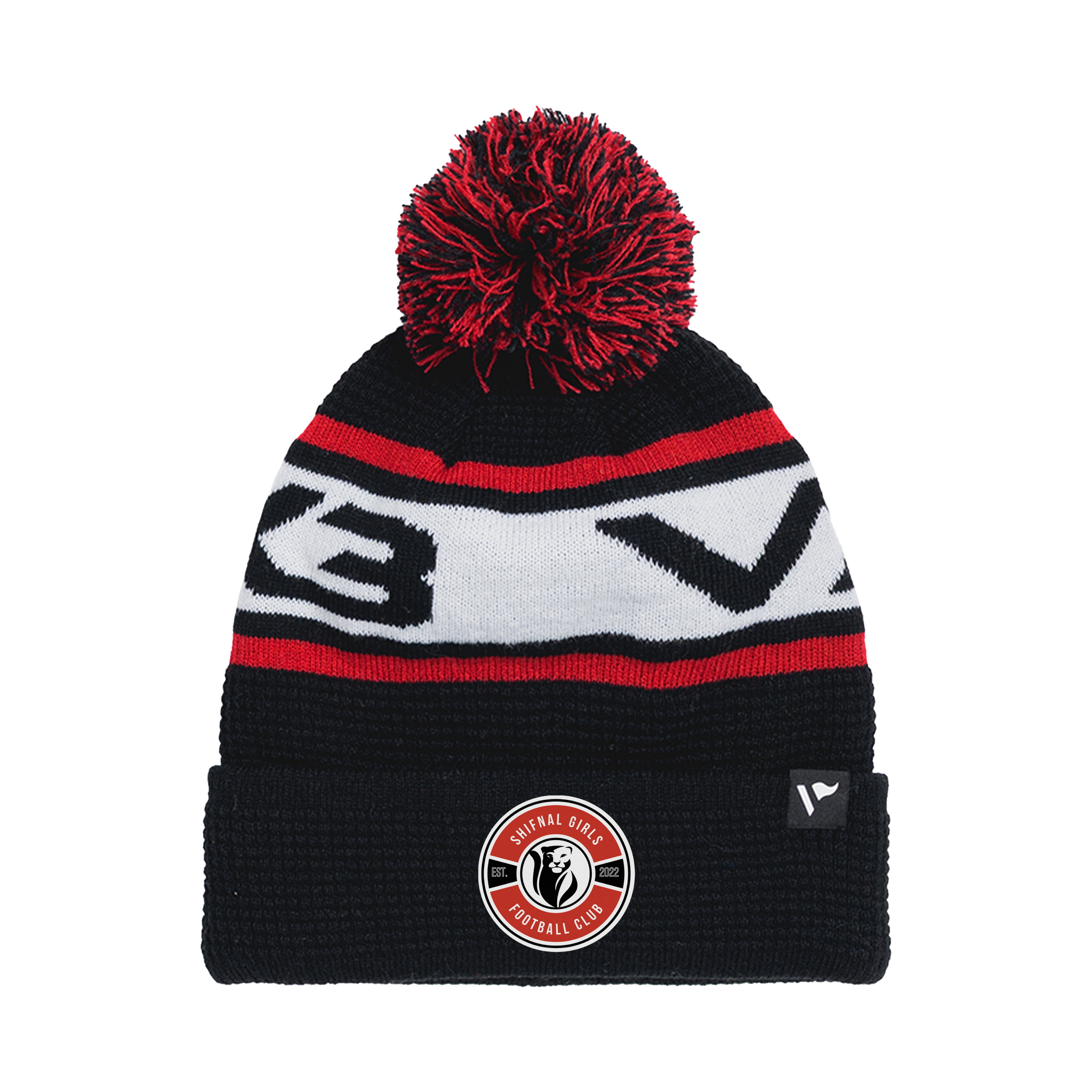 Shifnal Girls FC Waffle Knit Bobble Hat - Black/Red/White